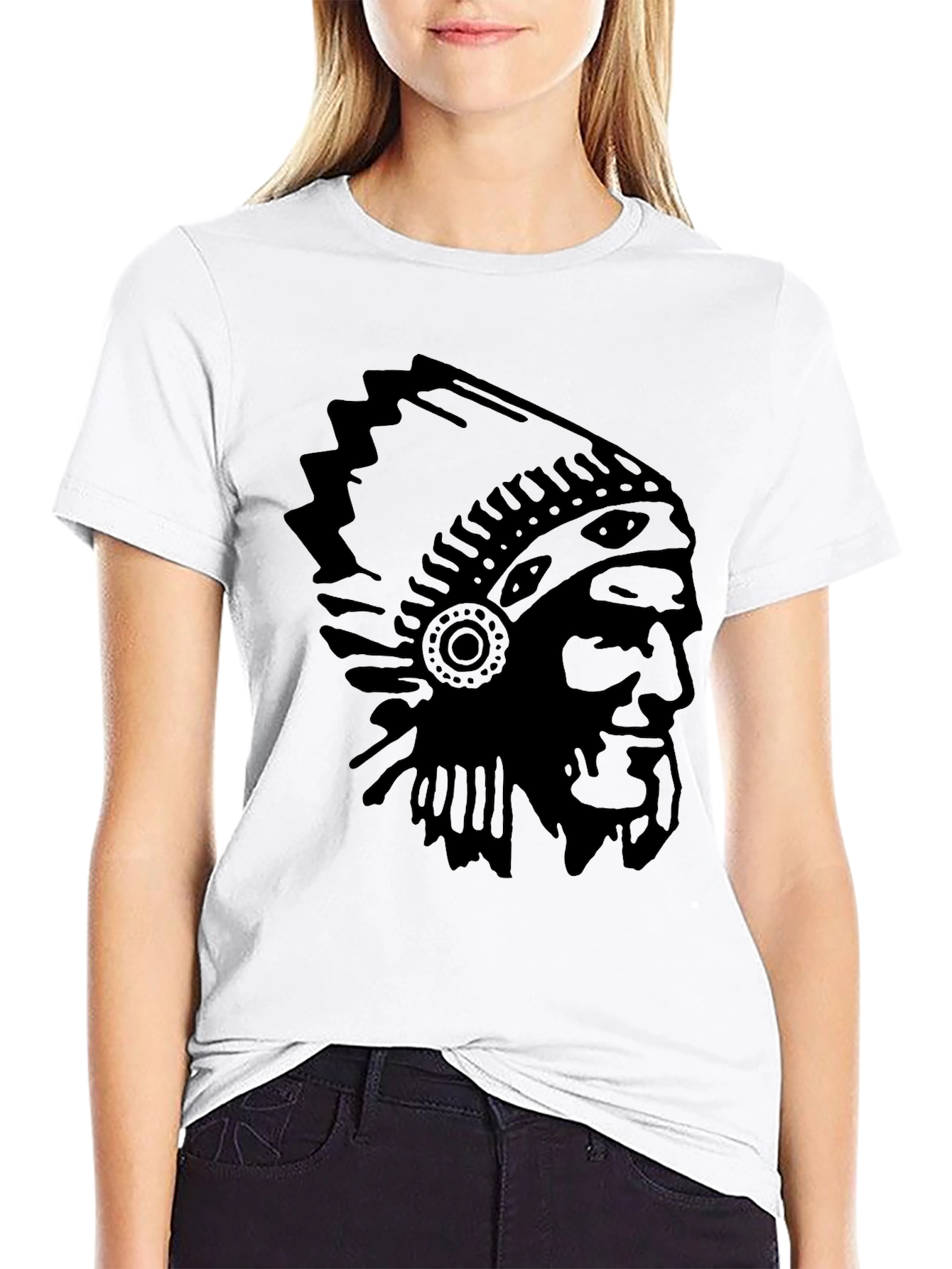 Mens Black T-Shirt with Native American Headdress Print
