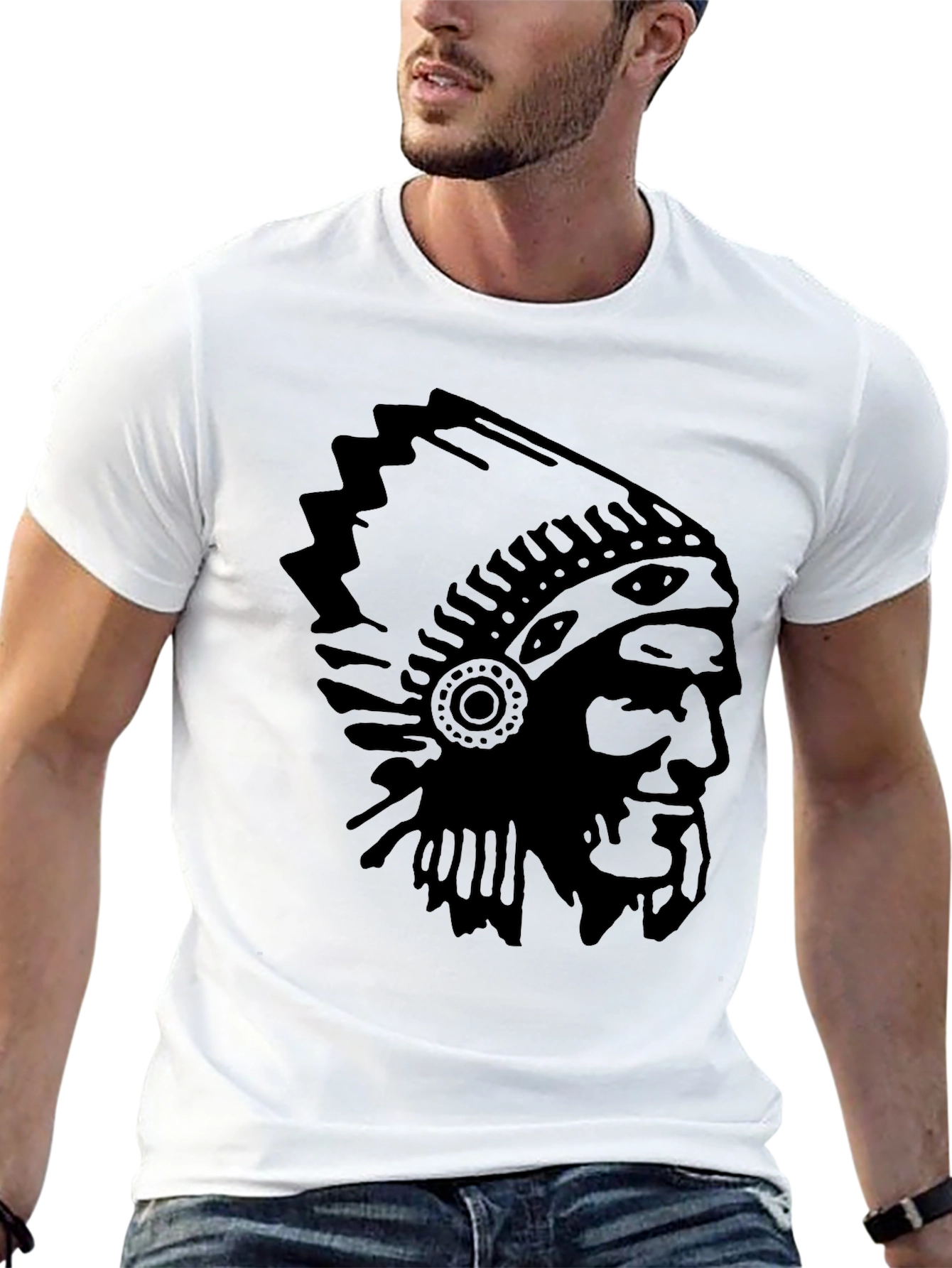 Mens Black T-Shirt with Native American Headdress Print