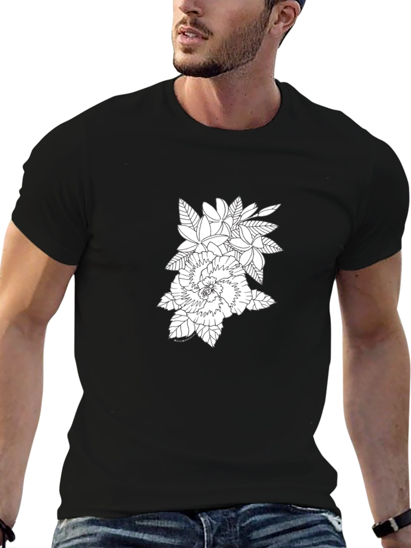 Floral Print Black Crew Neck T-Shirt