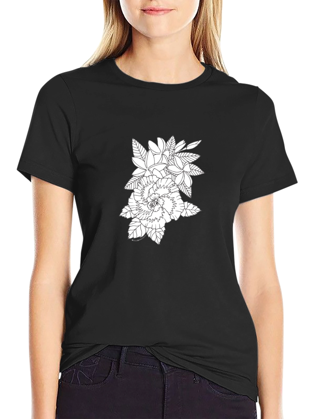 Floral Print Black Crew Neck T-Shirt