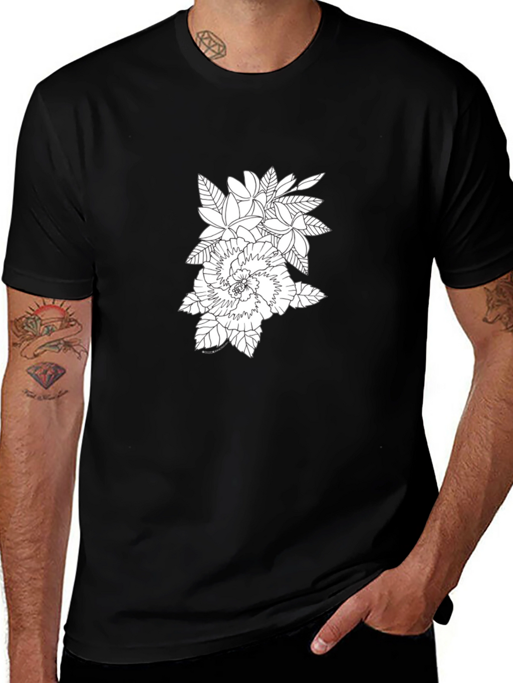 Floral Print Black Crew Neck T-Shirt