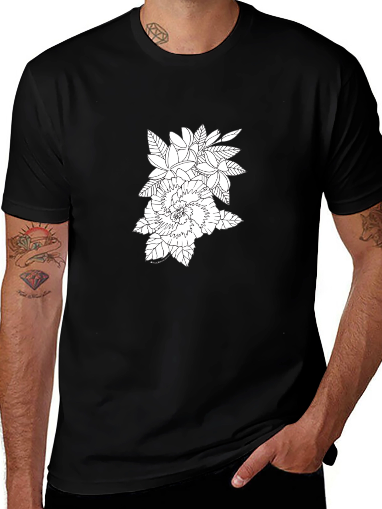 Floral Print Black Crew Neck T-Shirt