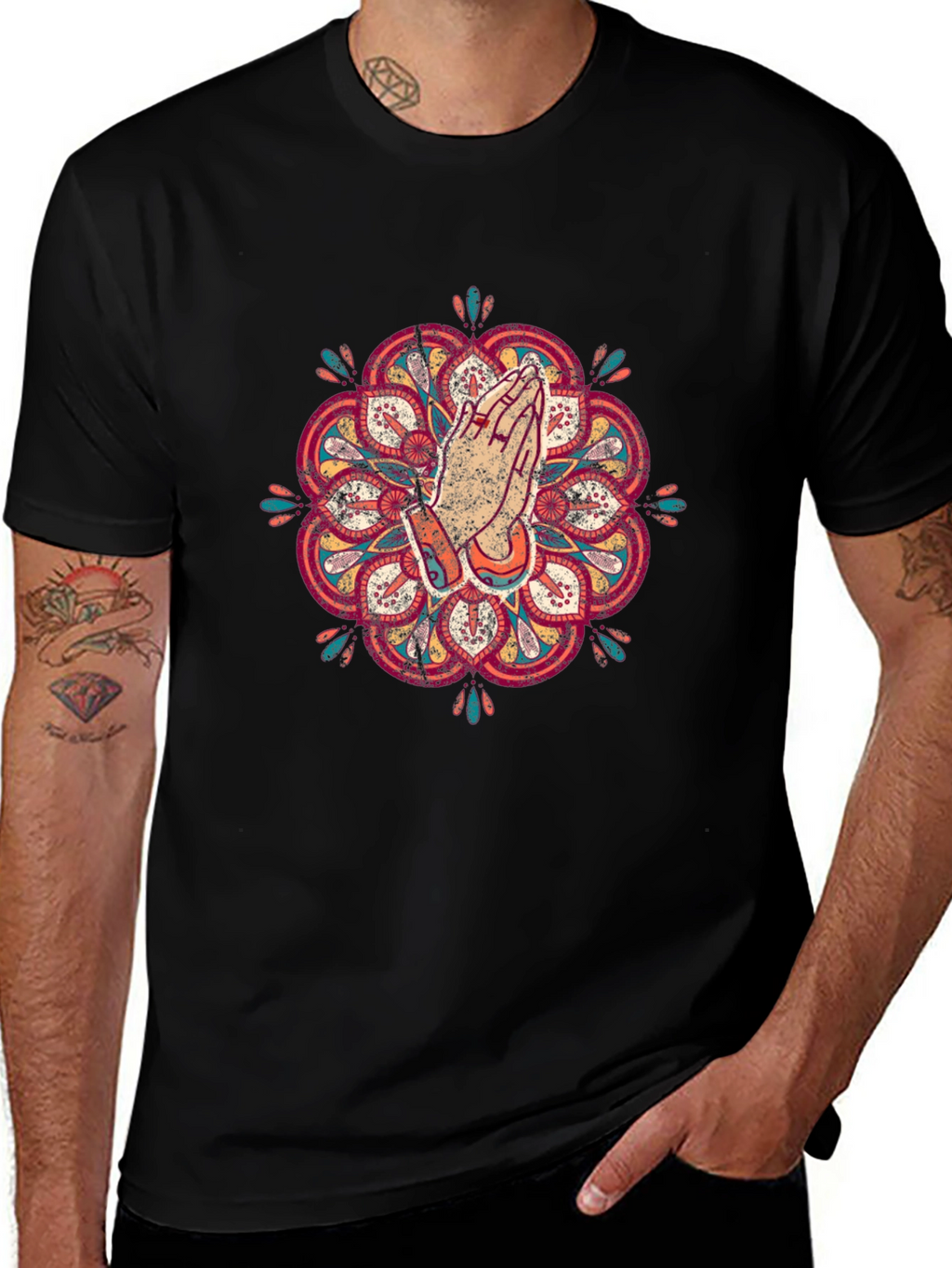 Mandala Praying Hands Graphic Tee - Black