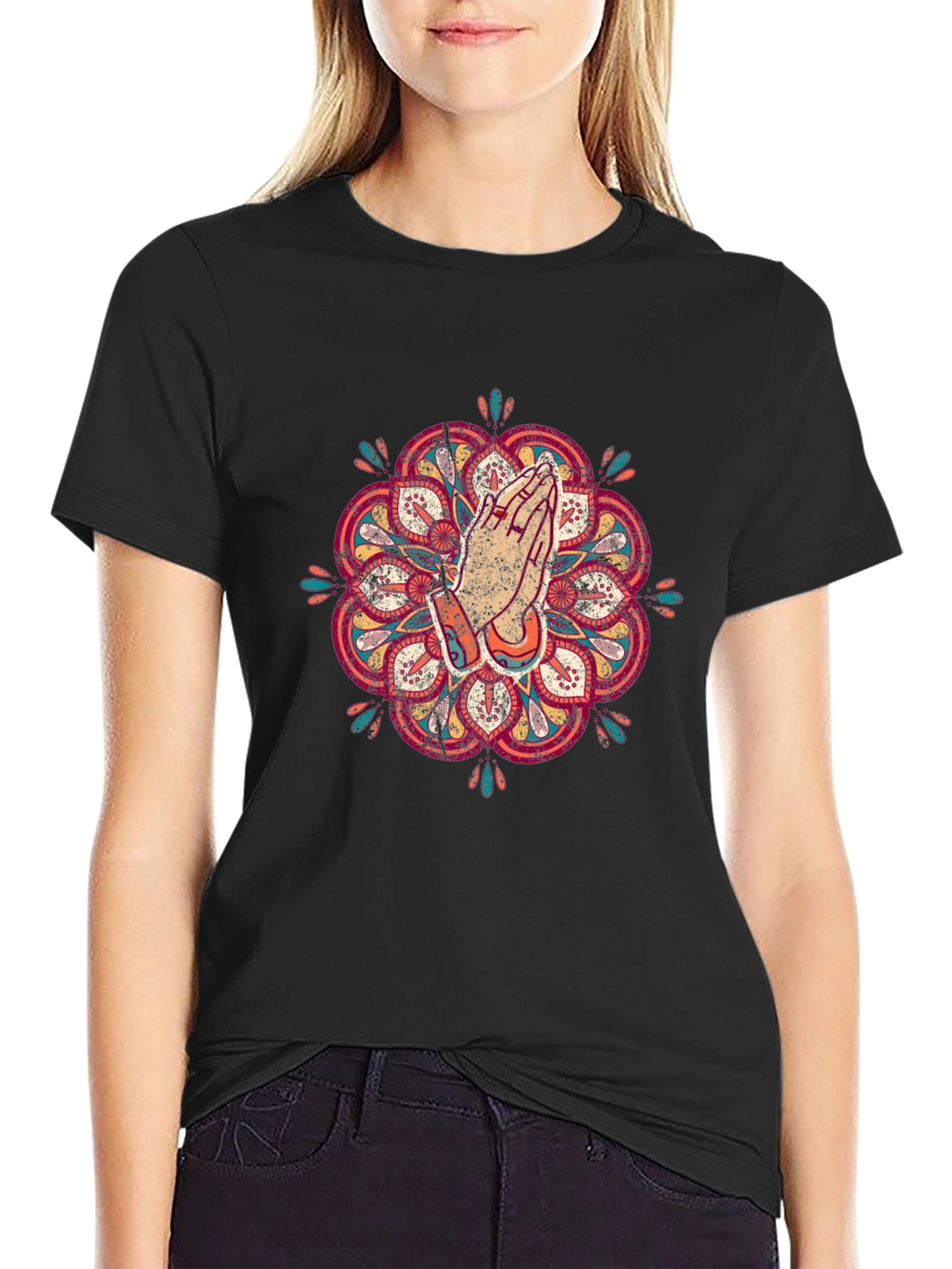 Mandala Praying Hands Graphic Tee - Black