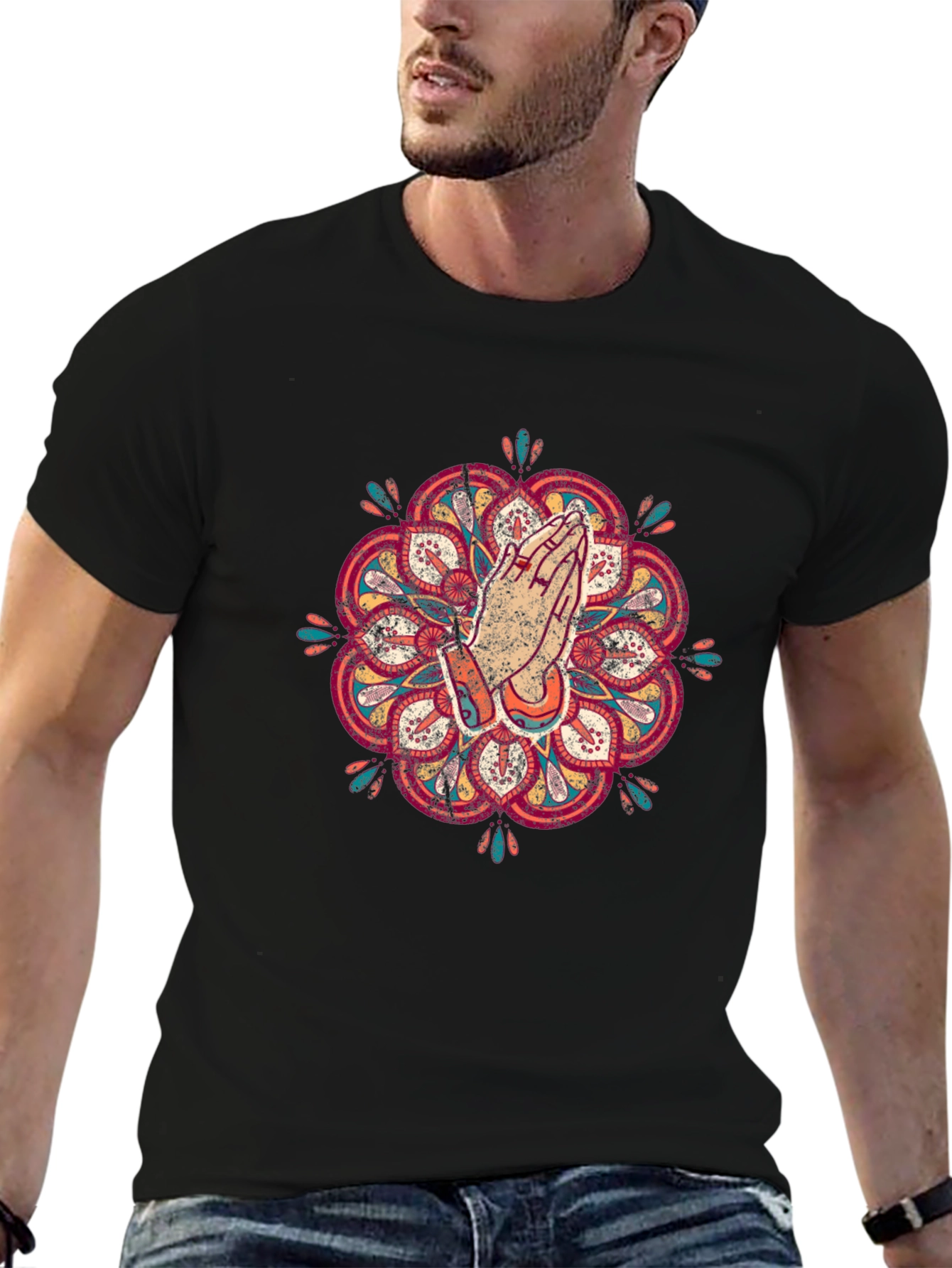 Mandala Praying Hands Graphic Tee - Black