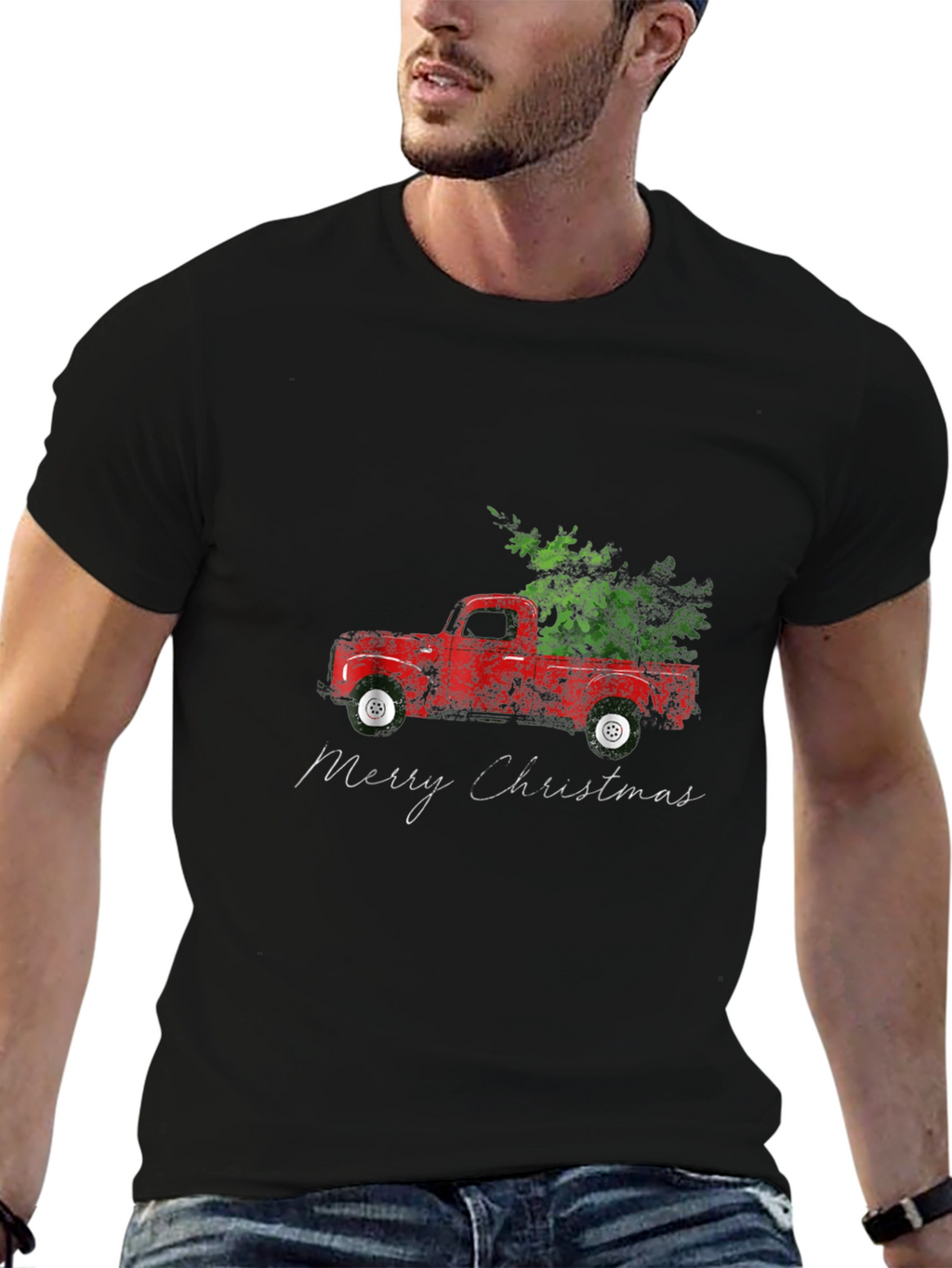 Merry Christmas Red Truck Tree T-Shirt