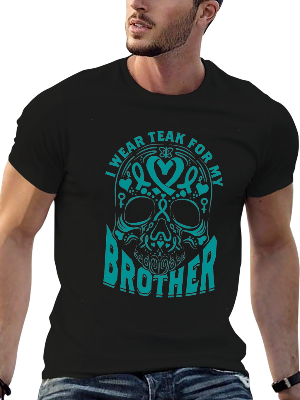 Teal Ribbon Brother Skull Graphic T-Shirt