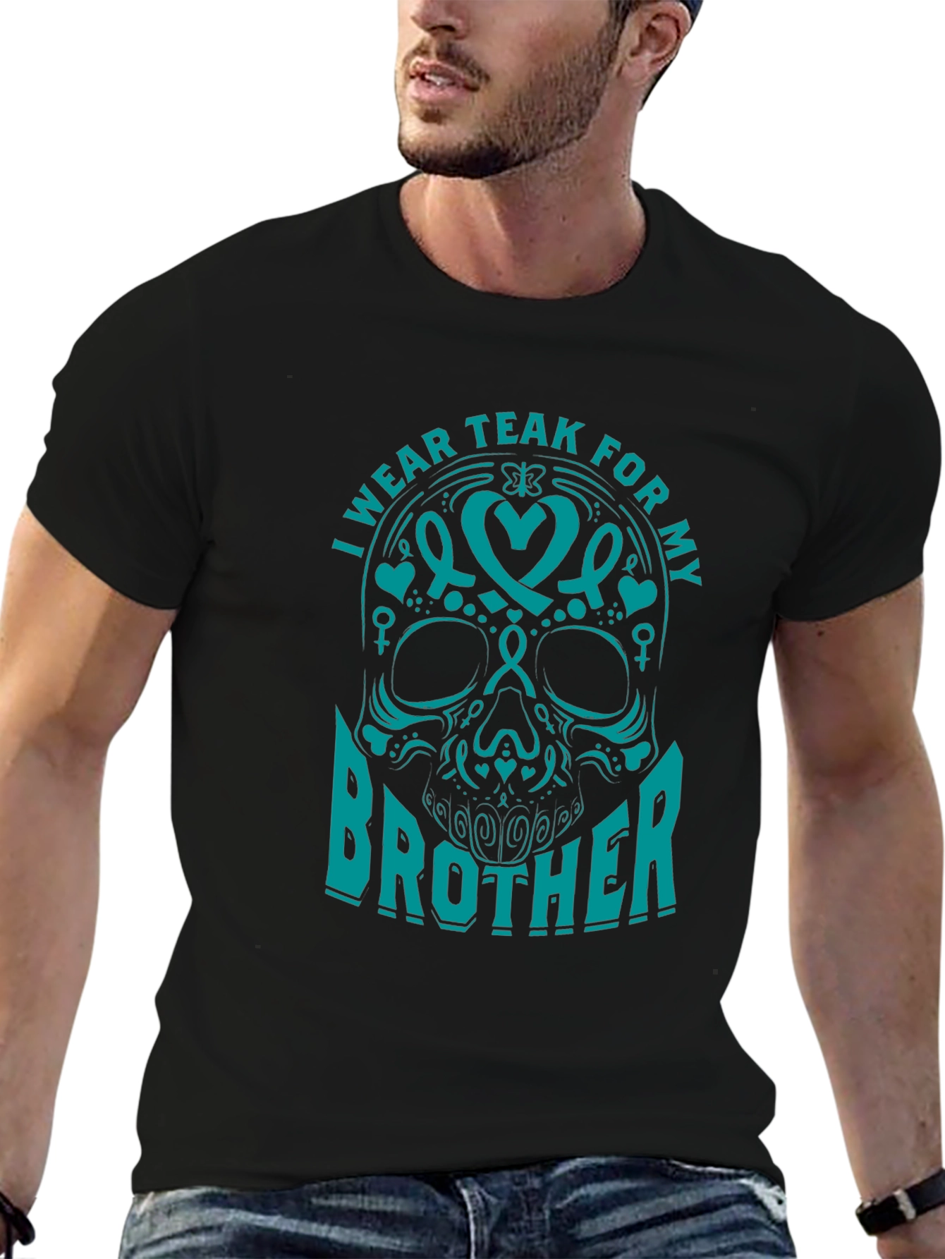 Teal Ribbon Brother Skull Graphic T-Shirt