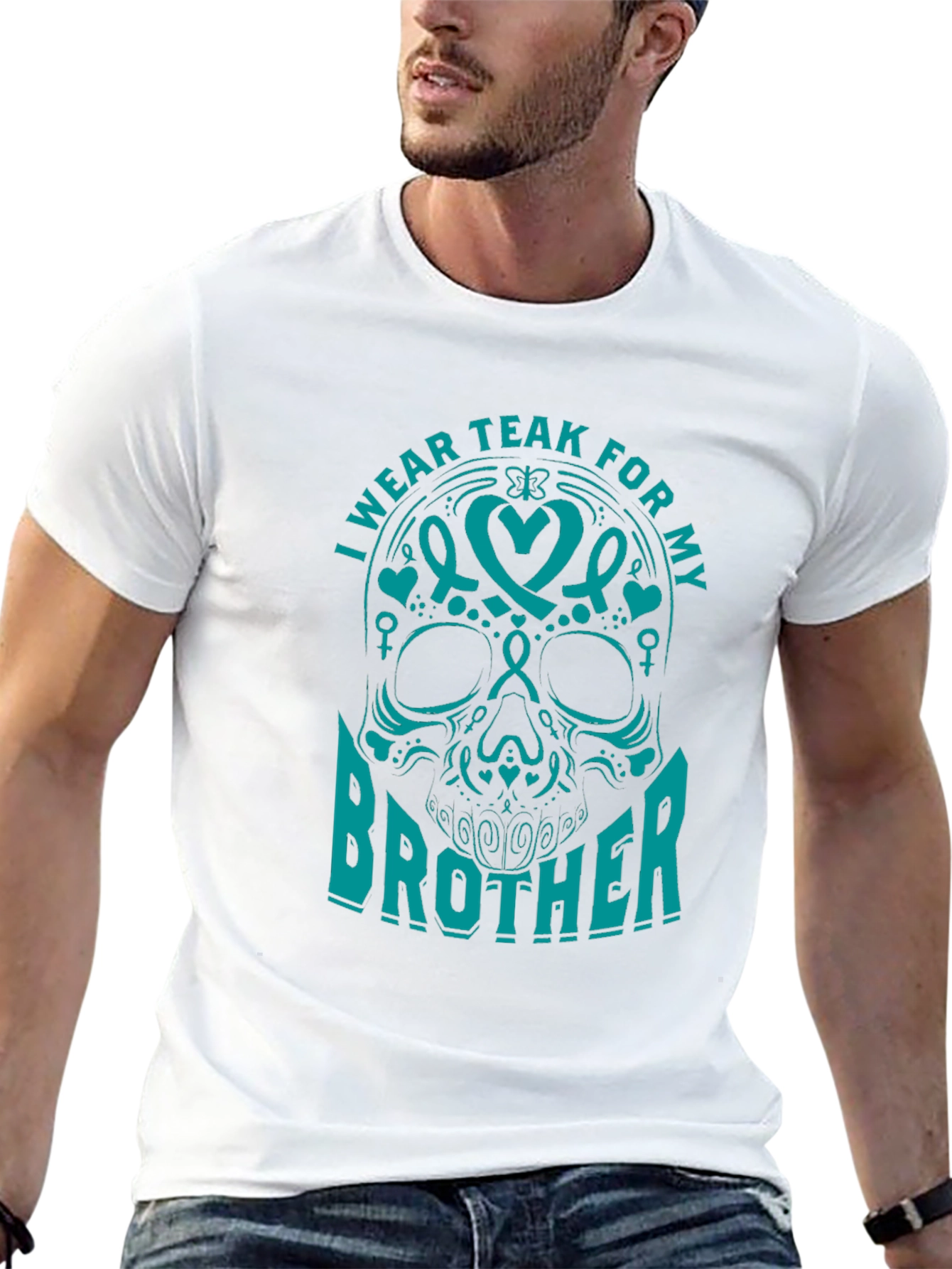 Teal Ribbon Brother Skull Graphic T-Shirt