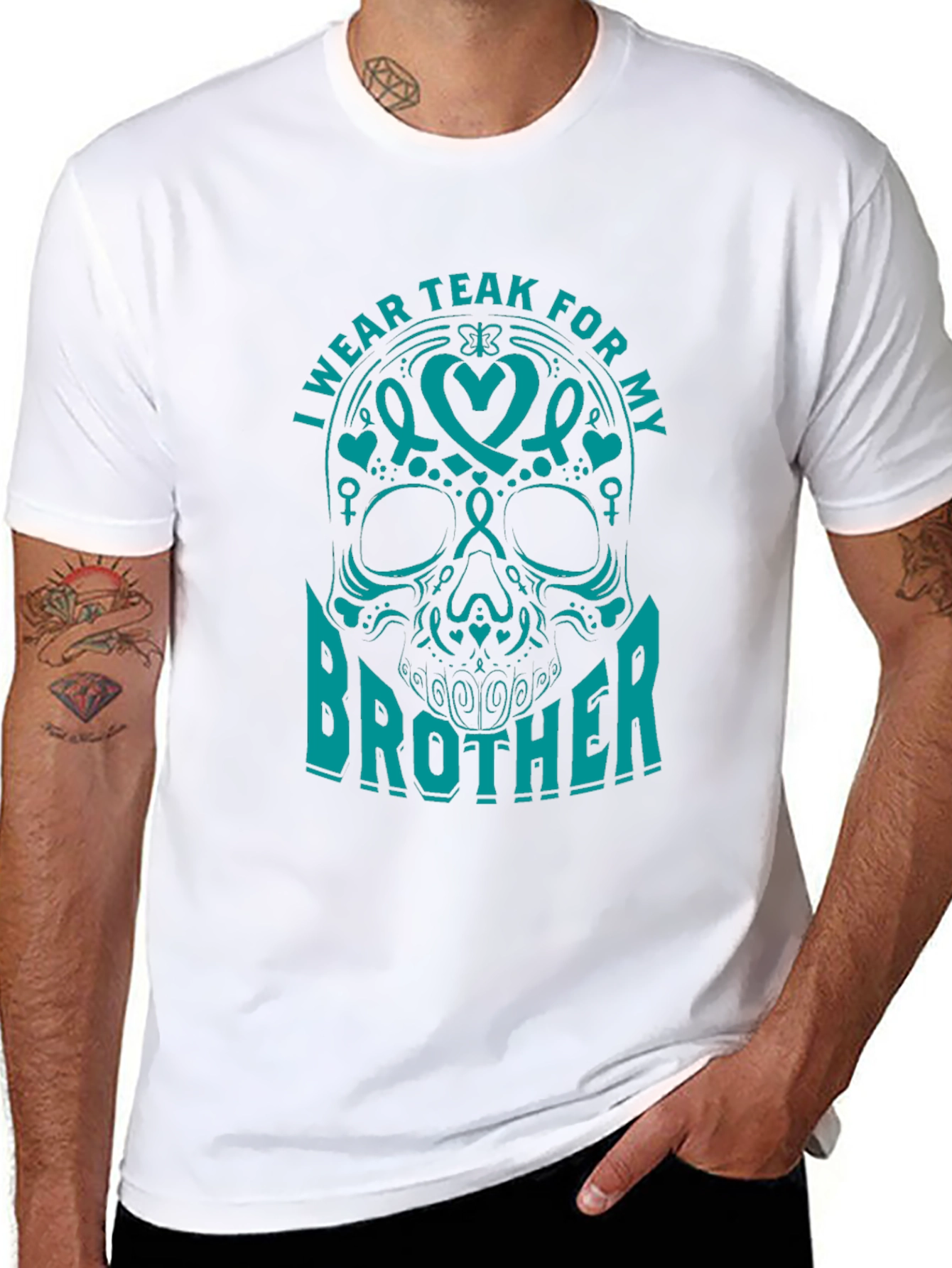 Teal Ribbon Brother Skull Graphic T-Shirt