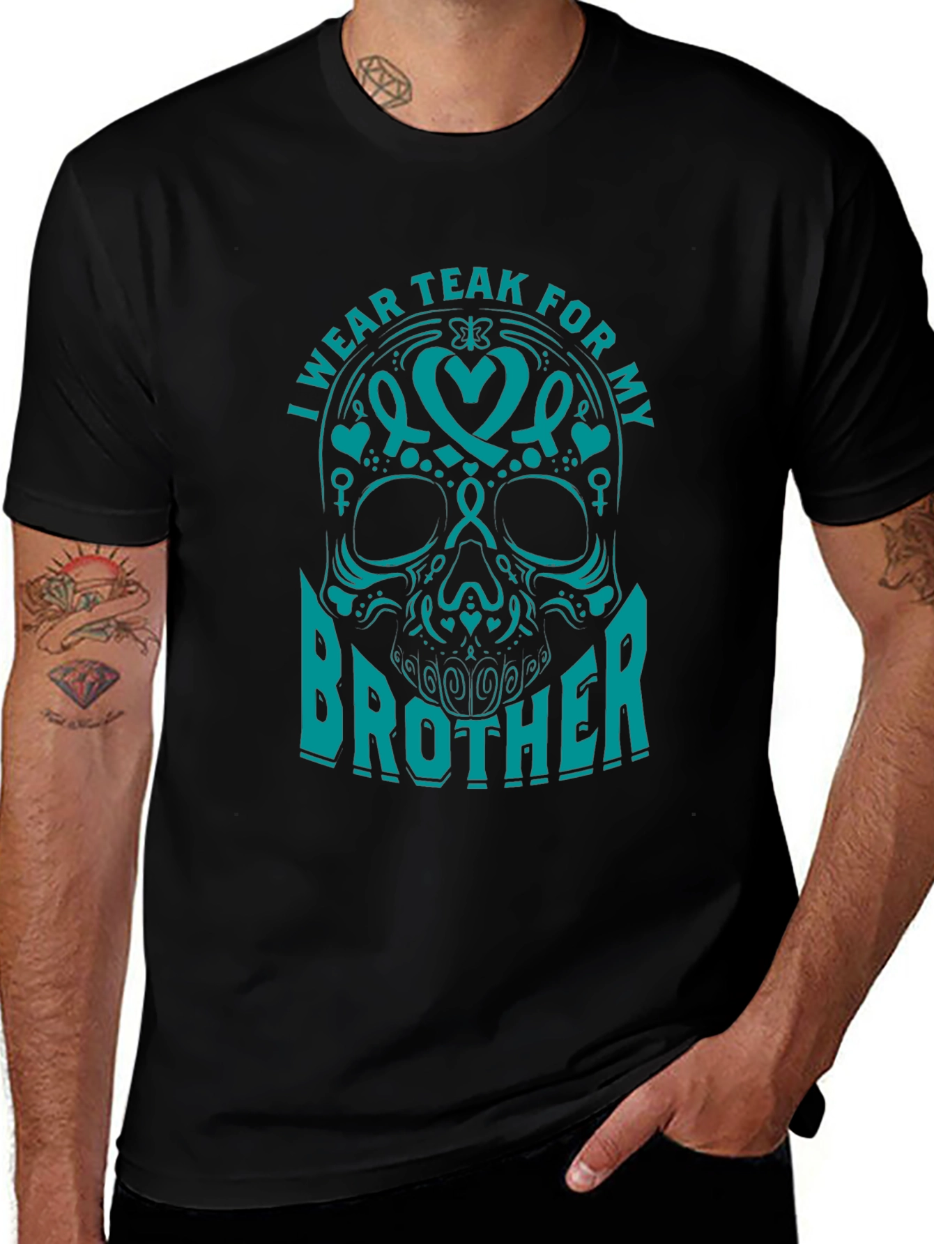 Teal Ribbon Brother Skull Graphic T-Shirt