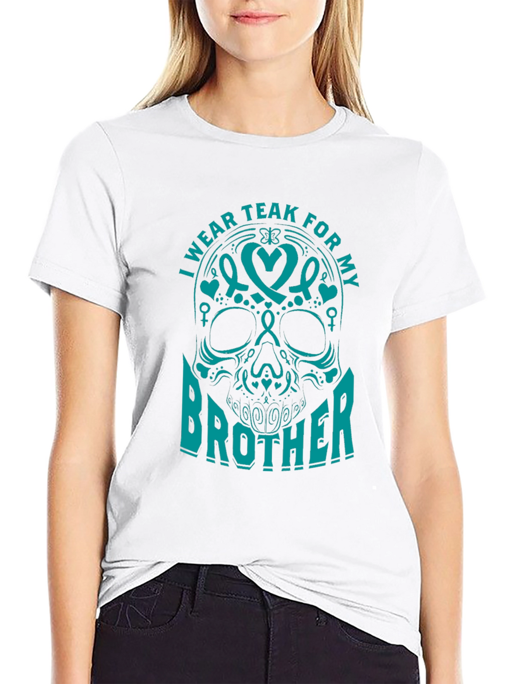 Teal Ribbon Brother Skull Graphic T-Shirt