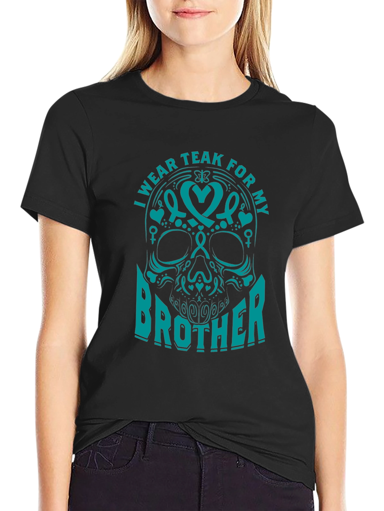 Teal Ribbon Brother Skull Graphic T-Shirt