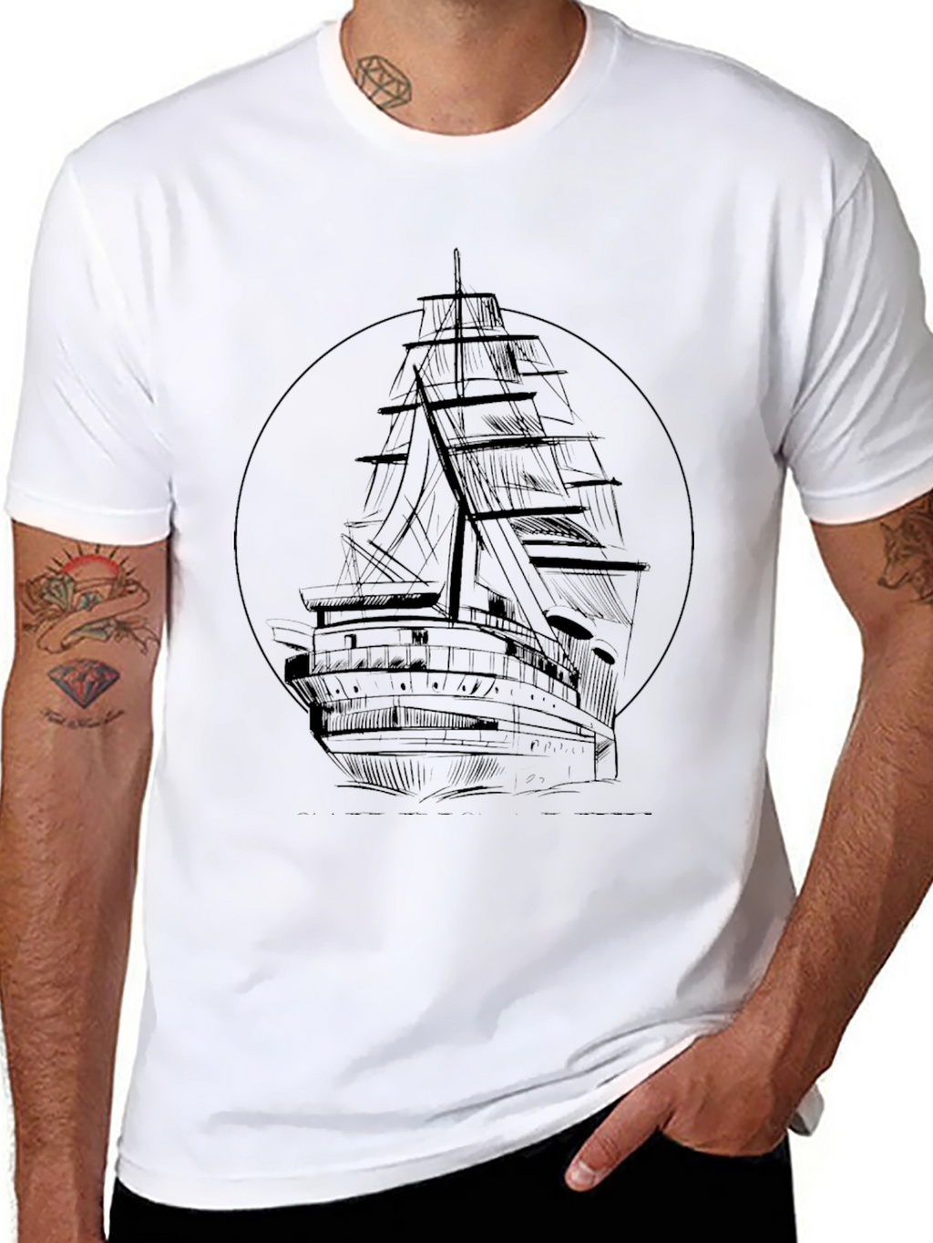 Nautical Black T-Shirt with Ship Graphic