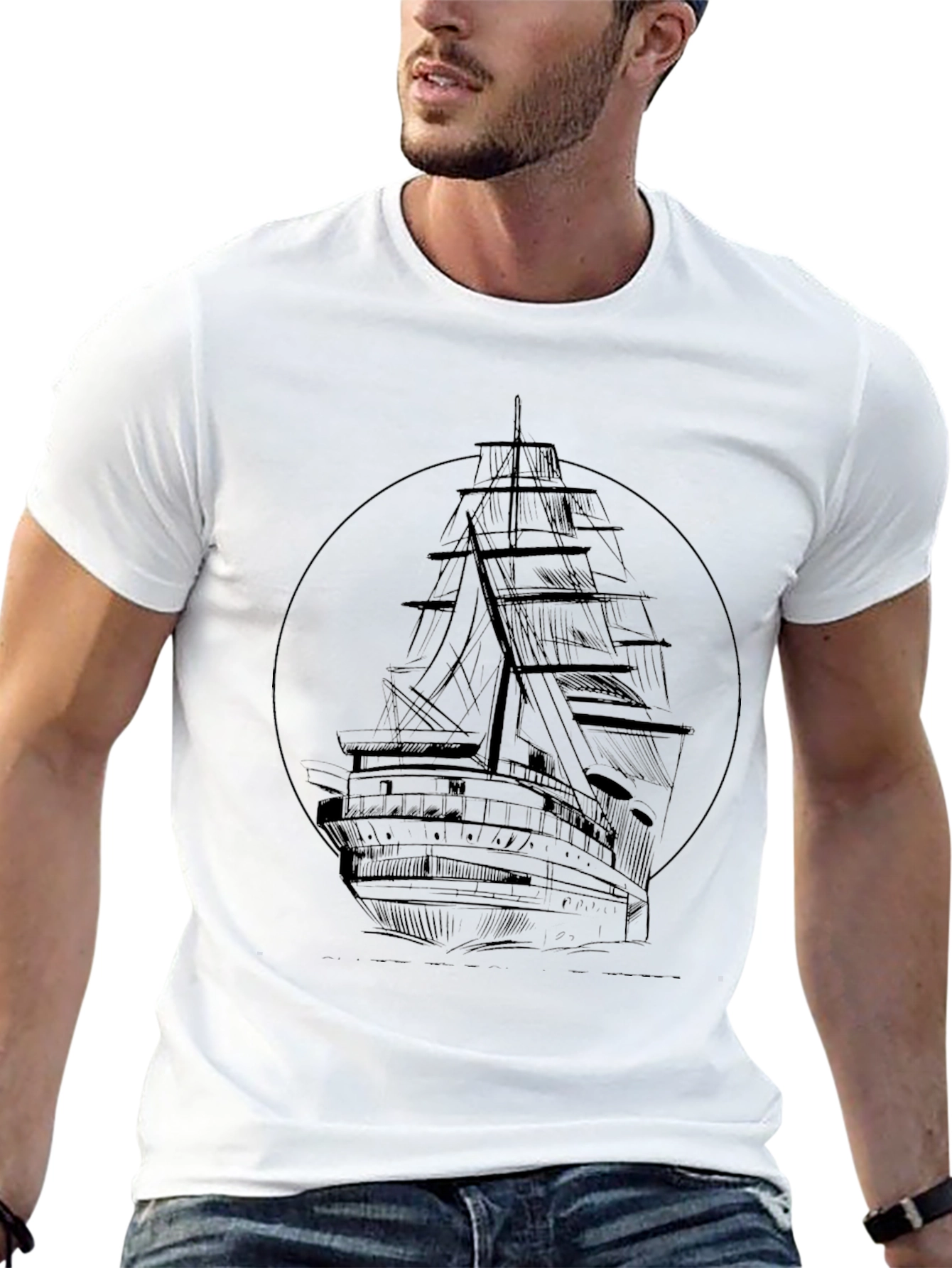 Nautical Black T-Shirt with Ship Graphic