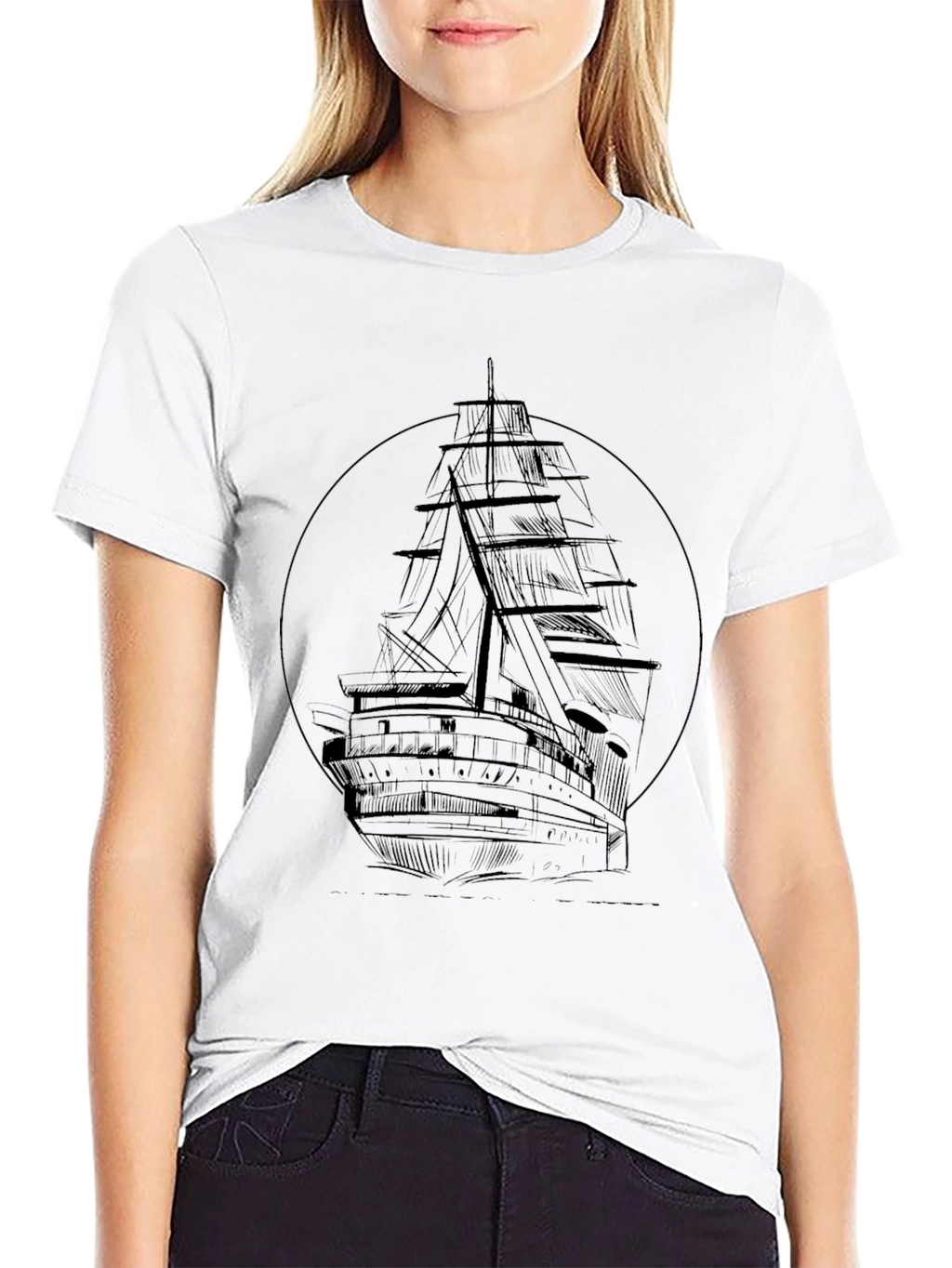 Nautical Black T-Shirt with Ship Graphic