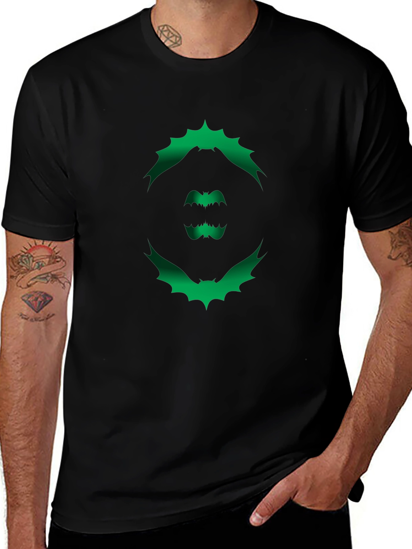 Mens Black T-Shirt with Green Bat Graphic