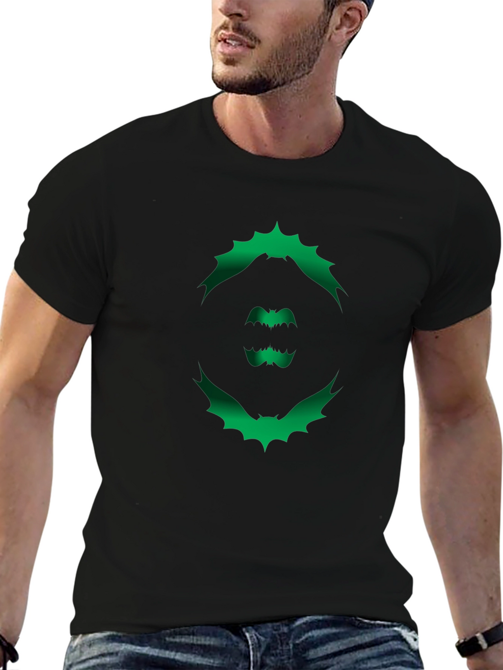Mens Black T-Shirt with Green Bat Graphic
