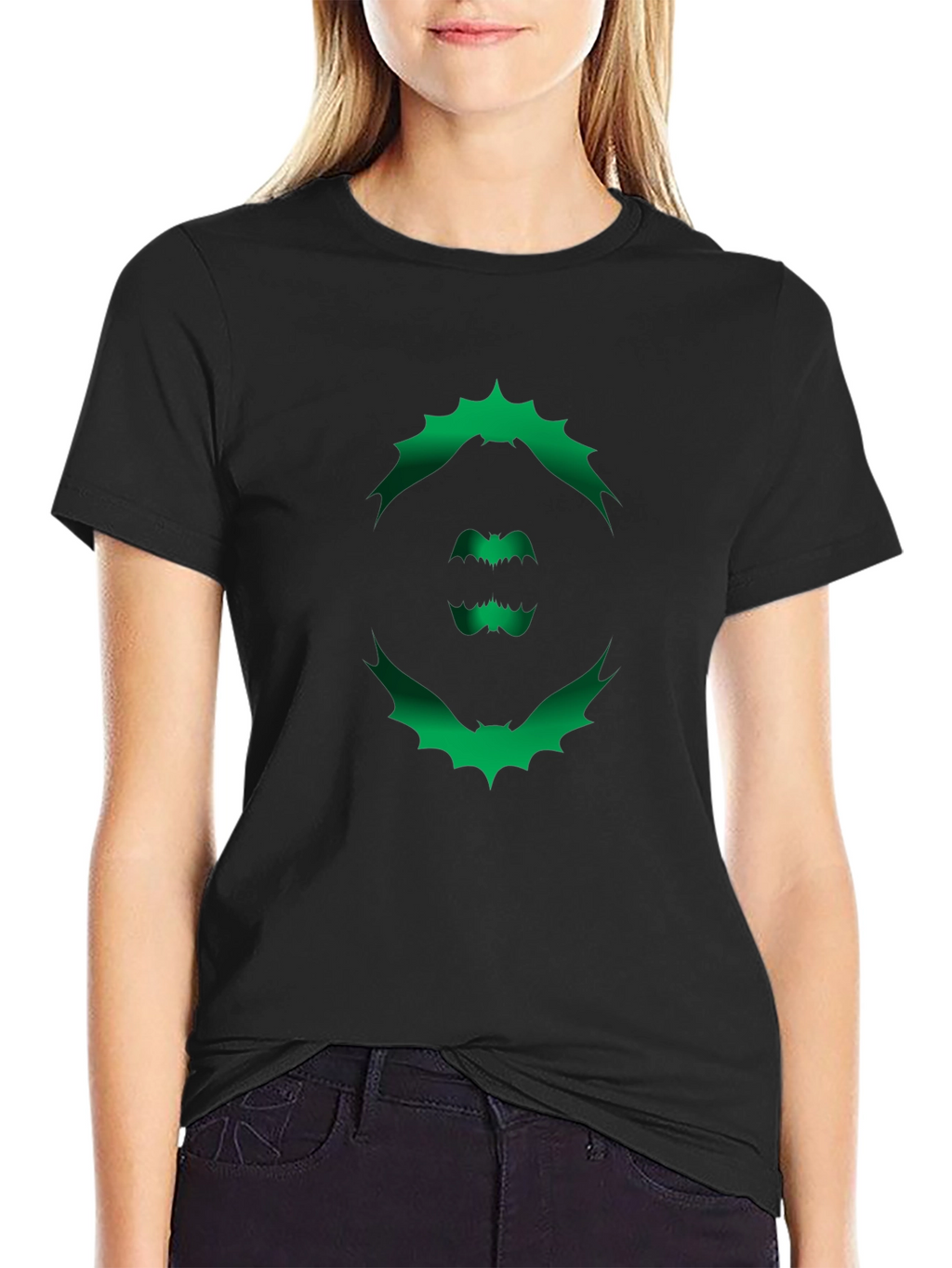 Mens Black T-Shirt with Green Bat Graphic
