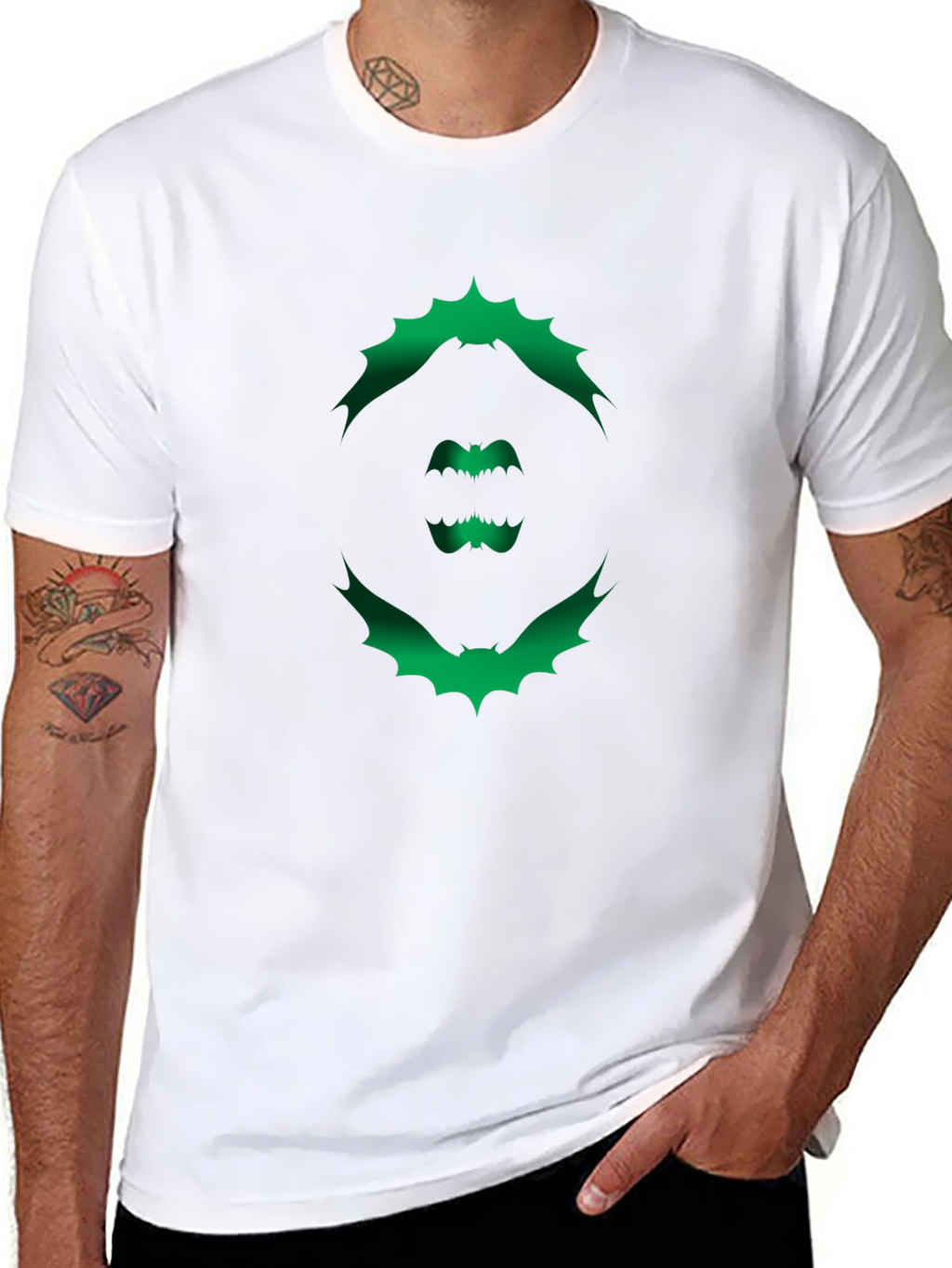 Mens Black T-Shirt with Green Bat Graphic