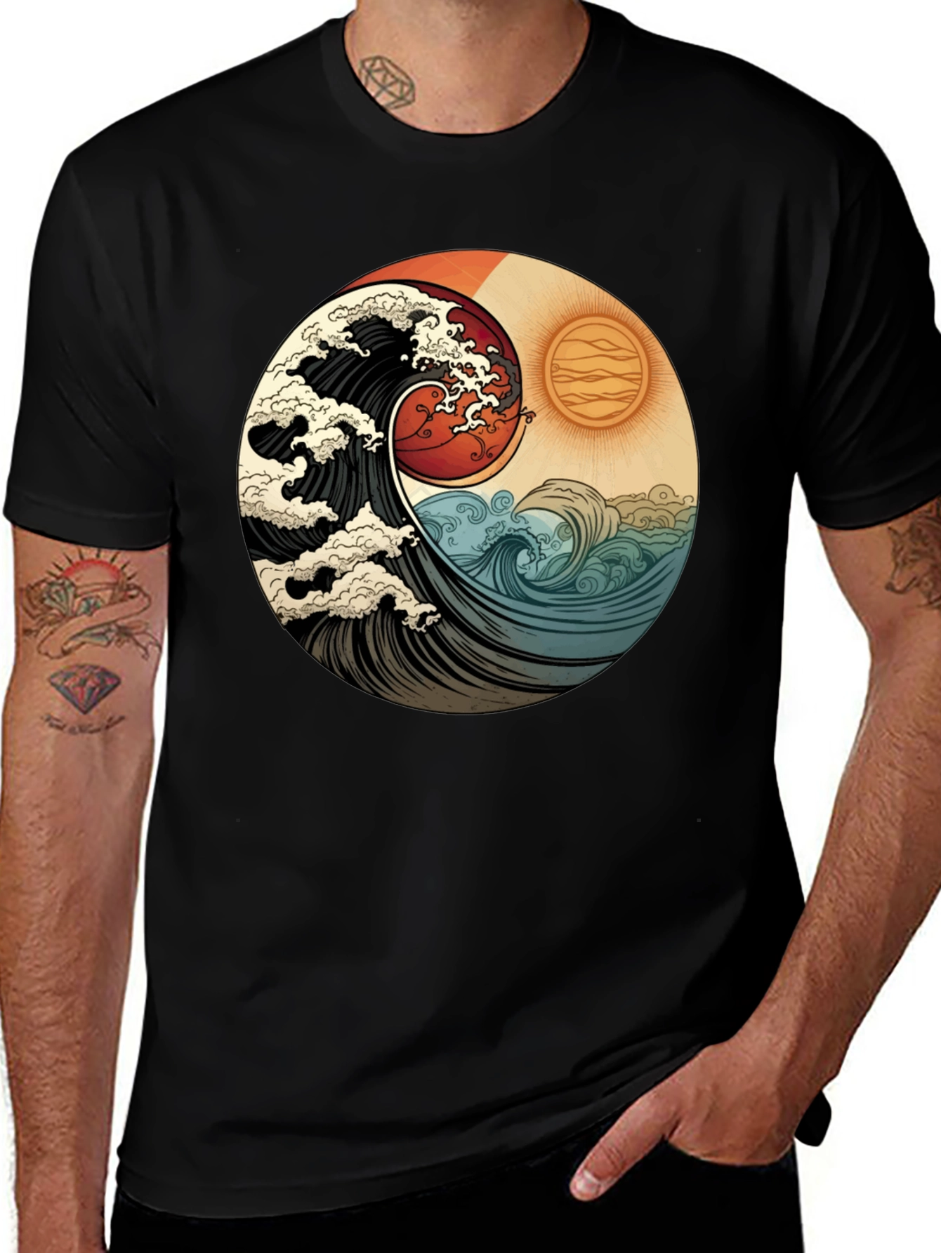 Yin Yang Wave Graphic Tee - Black