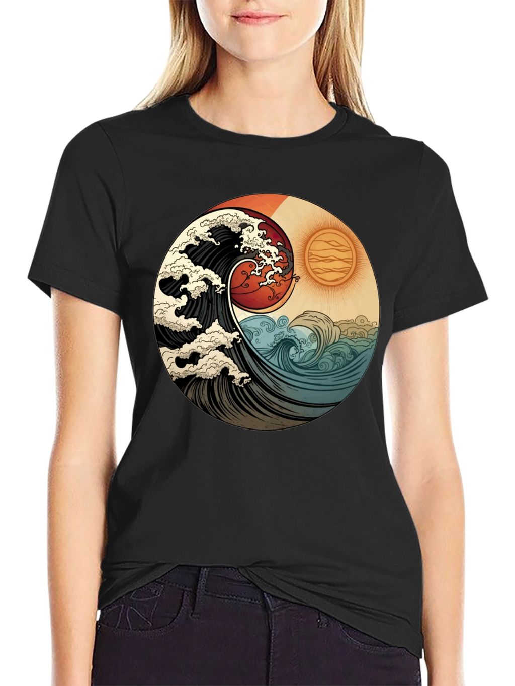 Yin Yang Wave Graphic Tee - Black