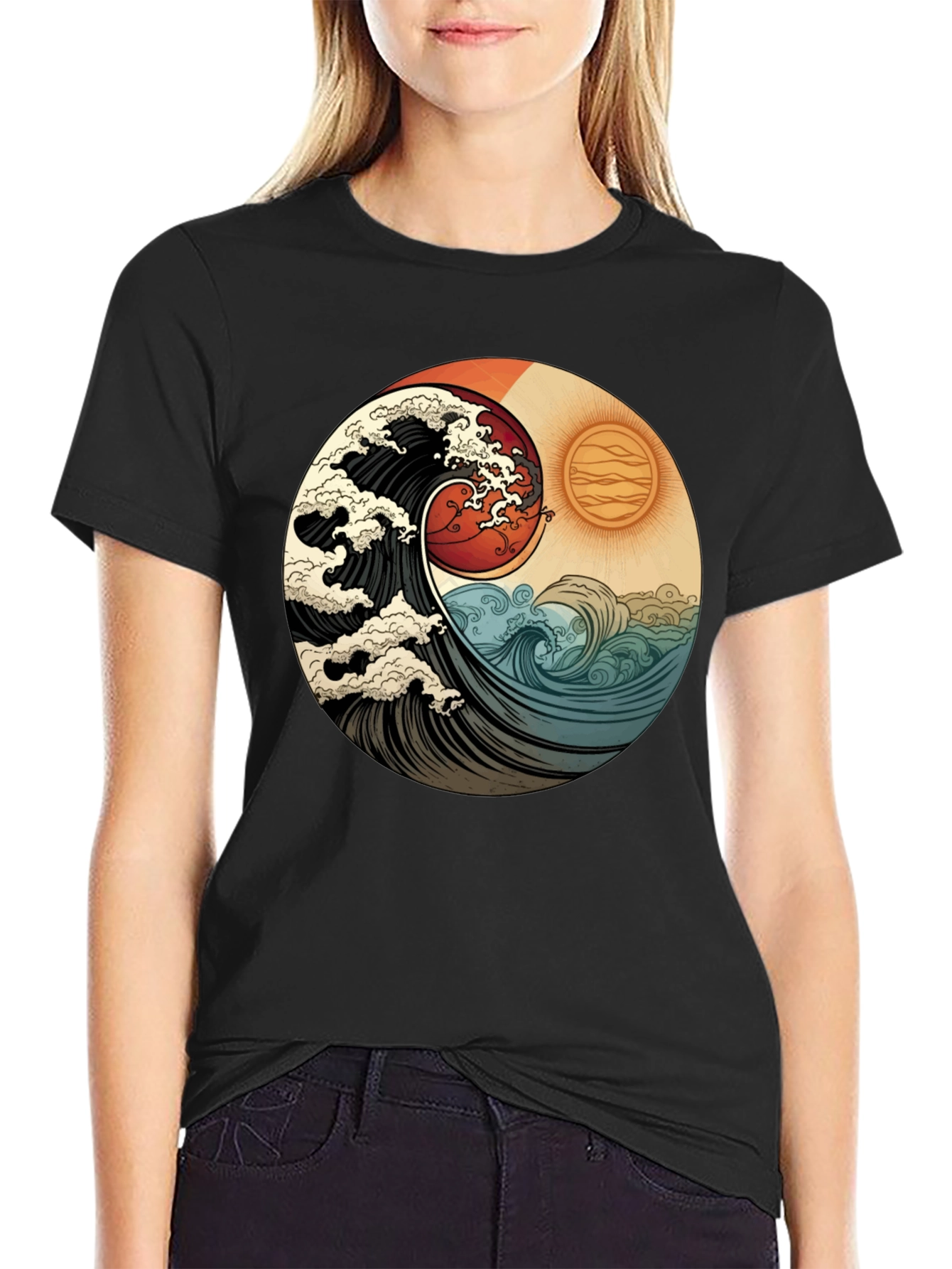Yin Yang Wave Graphic Tee - Black