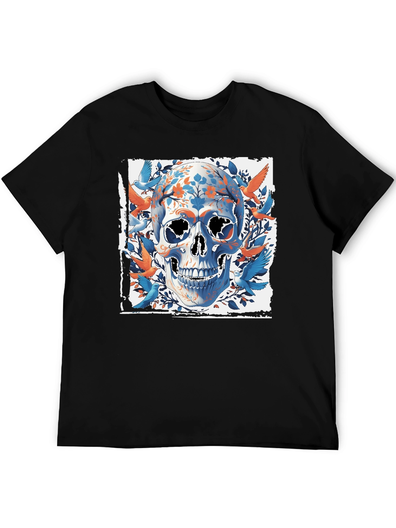 Floral Skull & Birds Graphic Tee - Unique Design