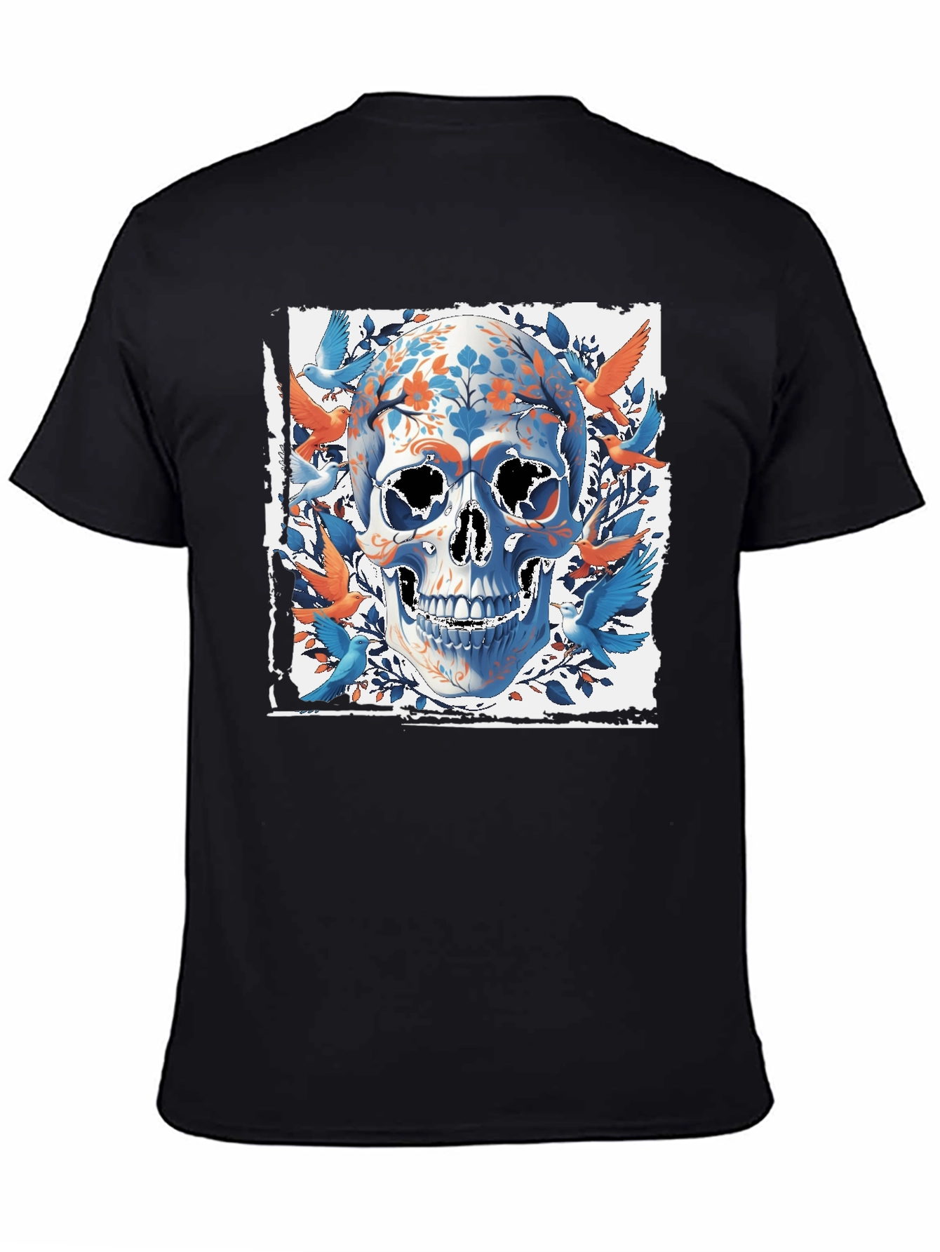 Floral Skull & Birds Graphic Tee - Unique Design