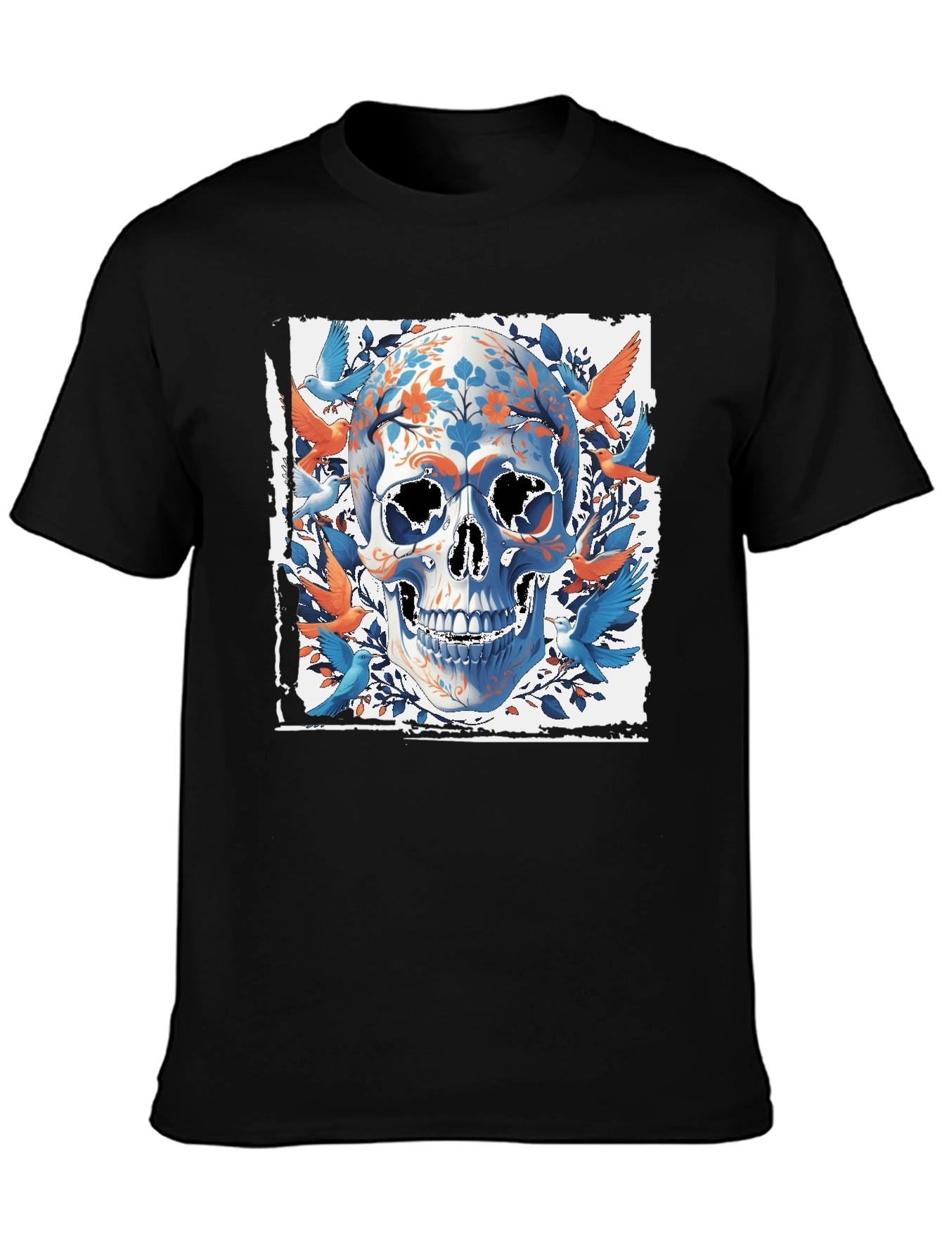Floral Skull & Birds Graphic Tee - Unique Design