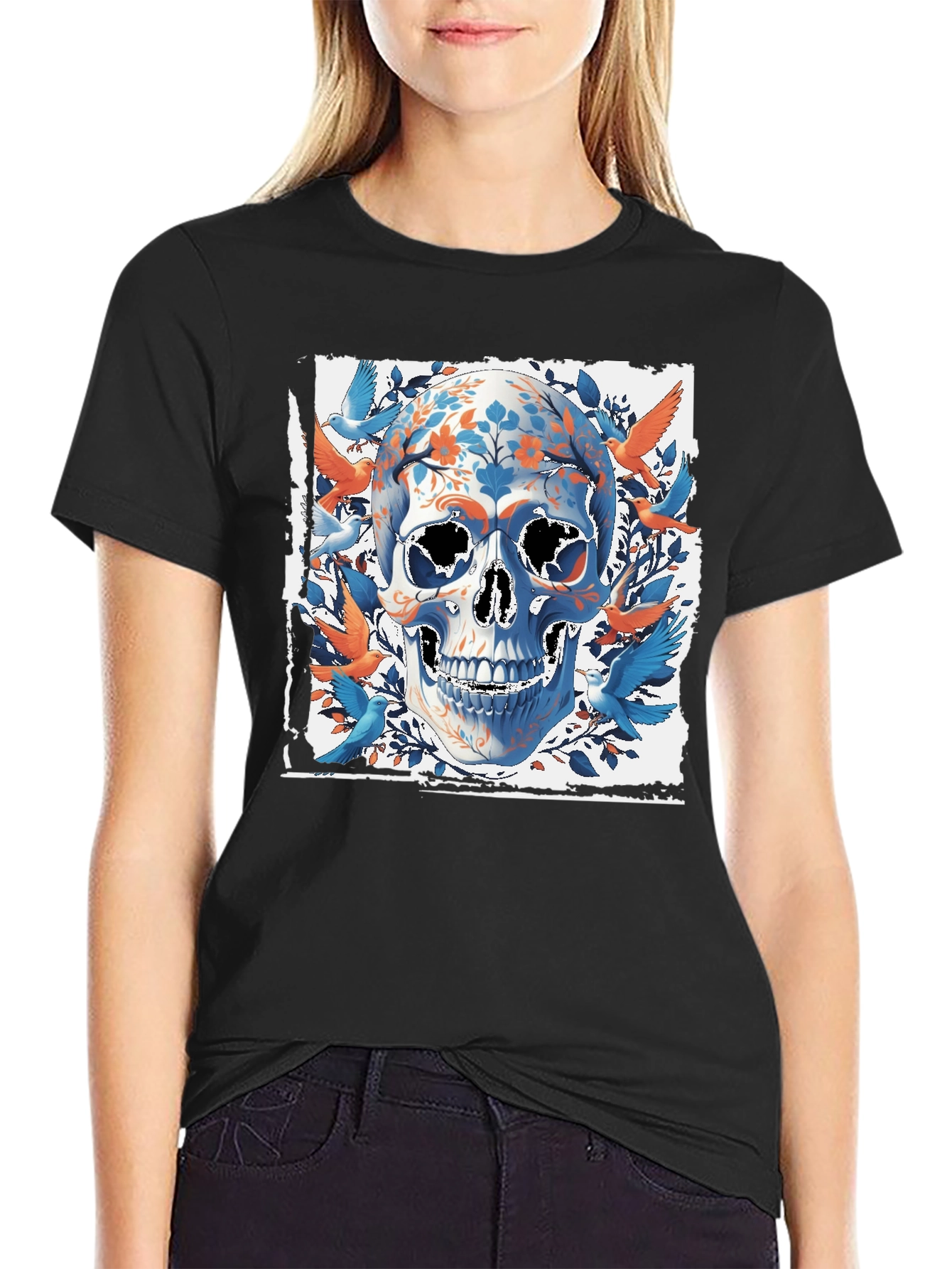Floral Skull & Birds Graphic Tee - Unique Design