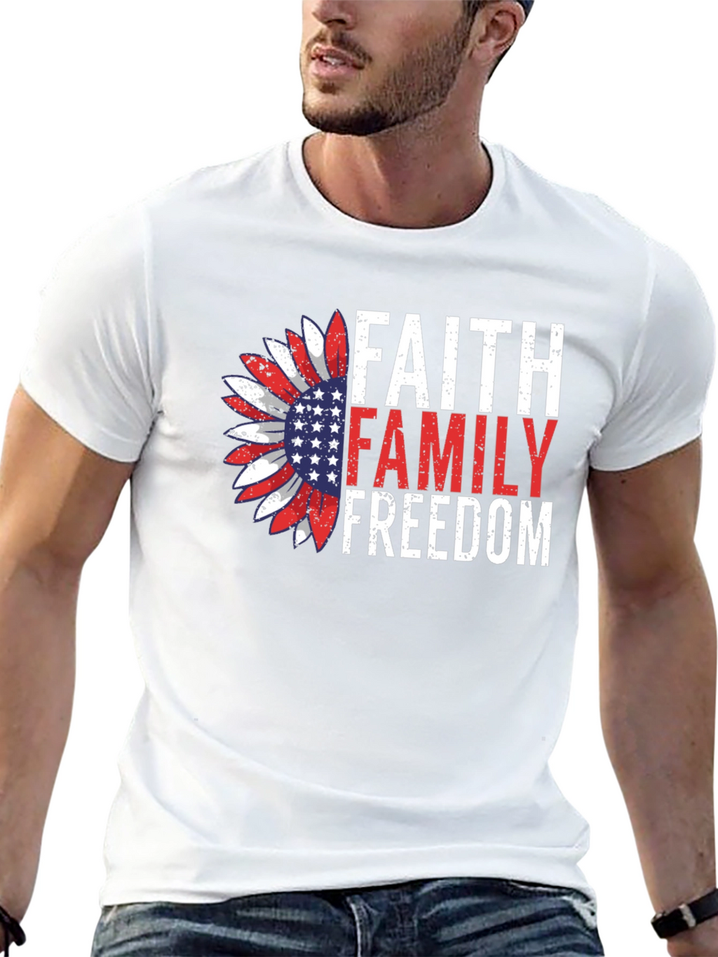 Faith Family Freedom Graphic Tee - Patriotic Sunflower Design