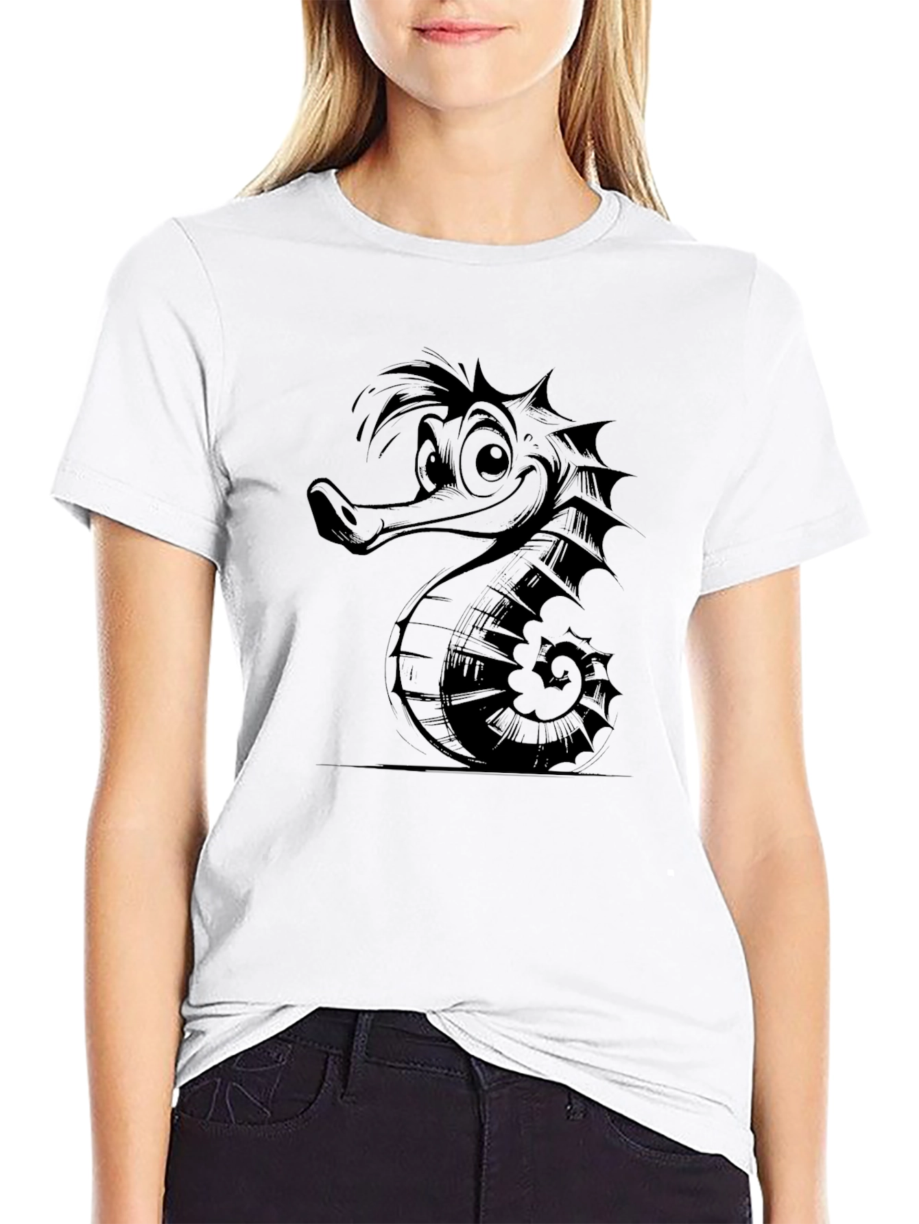 Cartoon Seahorse Graphic Print Tee