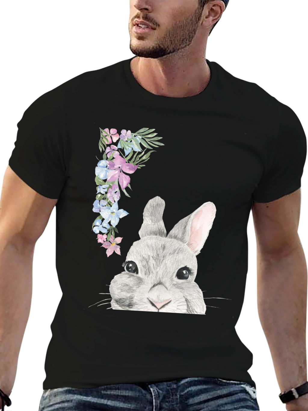 Floral Bunny Graphic Tee - Mens Black T-Shirt