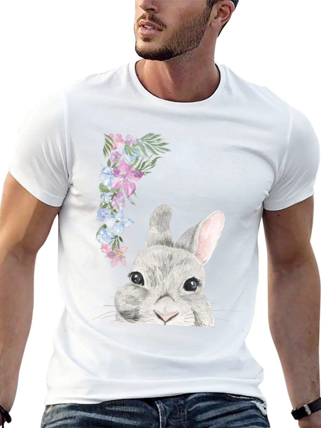 Floral Bunny Graphic Tee - Mens Black T-Shirt