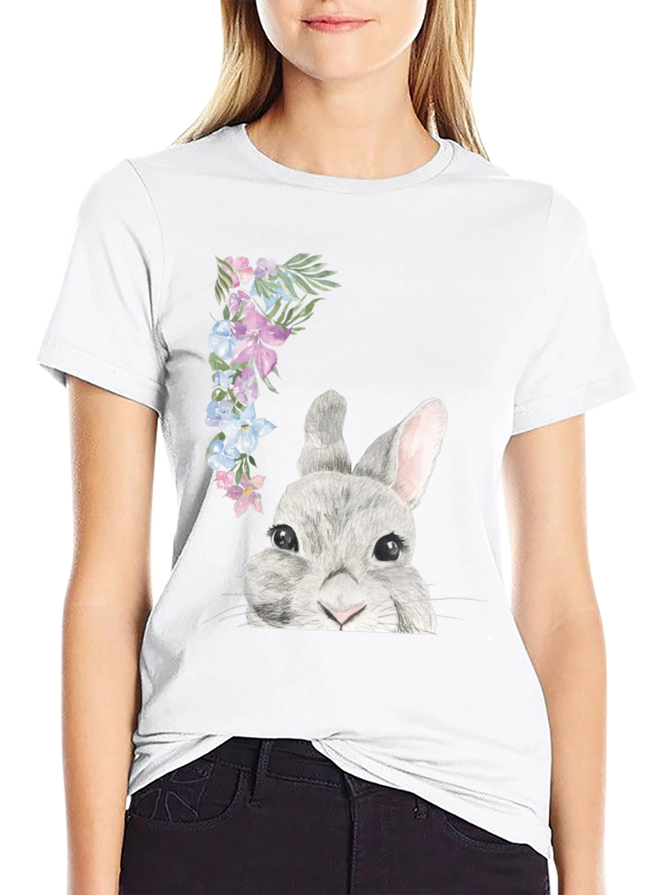 Floral Bunny Graphic Tee - Mens Black T-Shirt