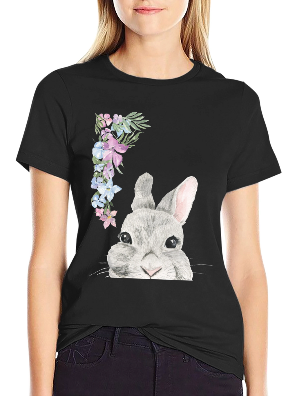 Floral Bunny Graphic Tee - Mens Black T-Shirt