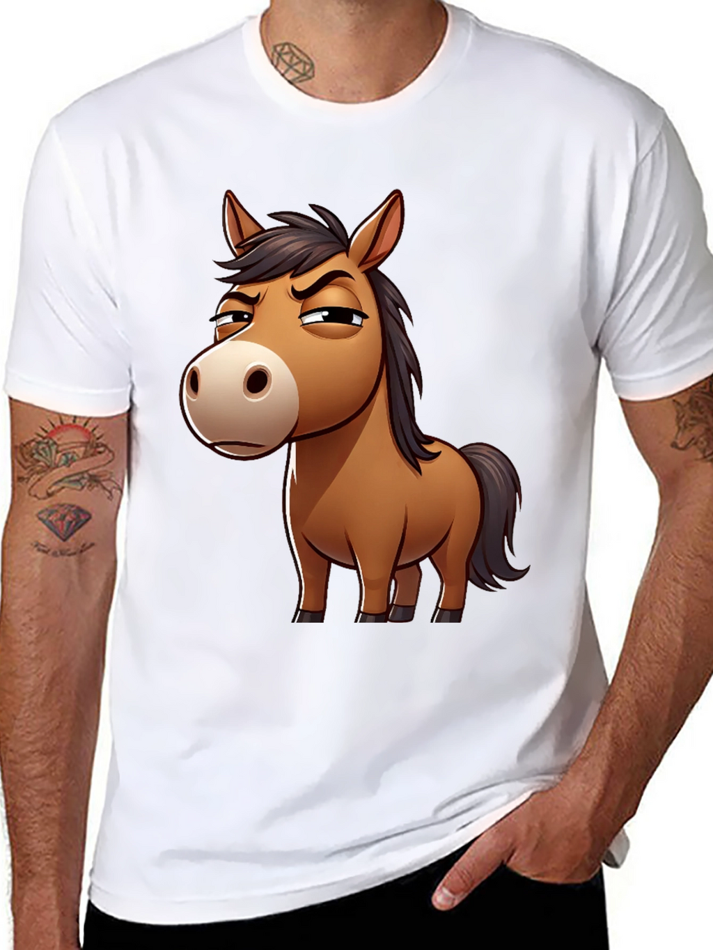Funny Grumpy Horse Cartoon Black T-Shirt