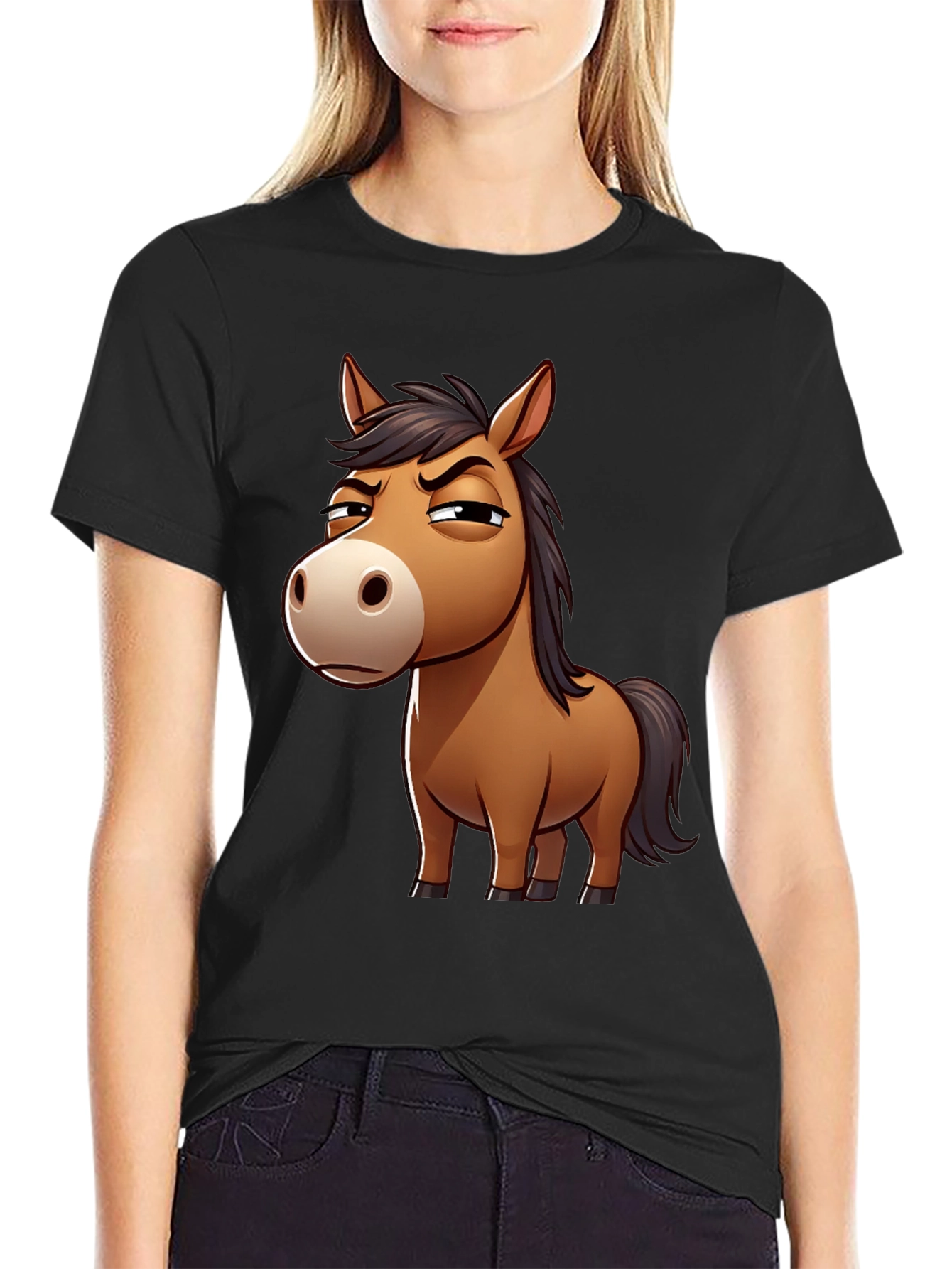 Funny Grumpy Horse Cartoon Black T-Shirt
