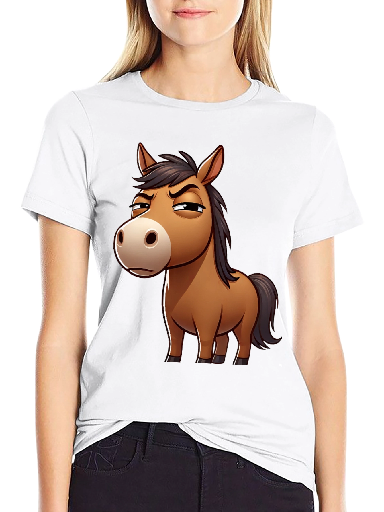 Funny Grumpy Horse Cartoon Black T-Shirt