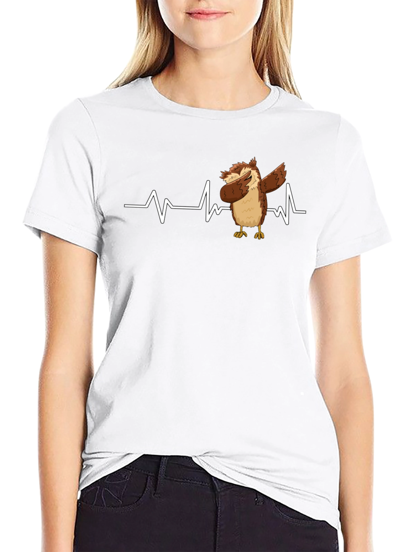 Owl Dabbing Heartbeat Black T-Shirt