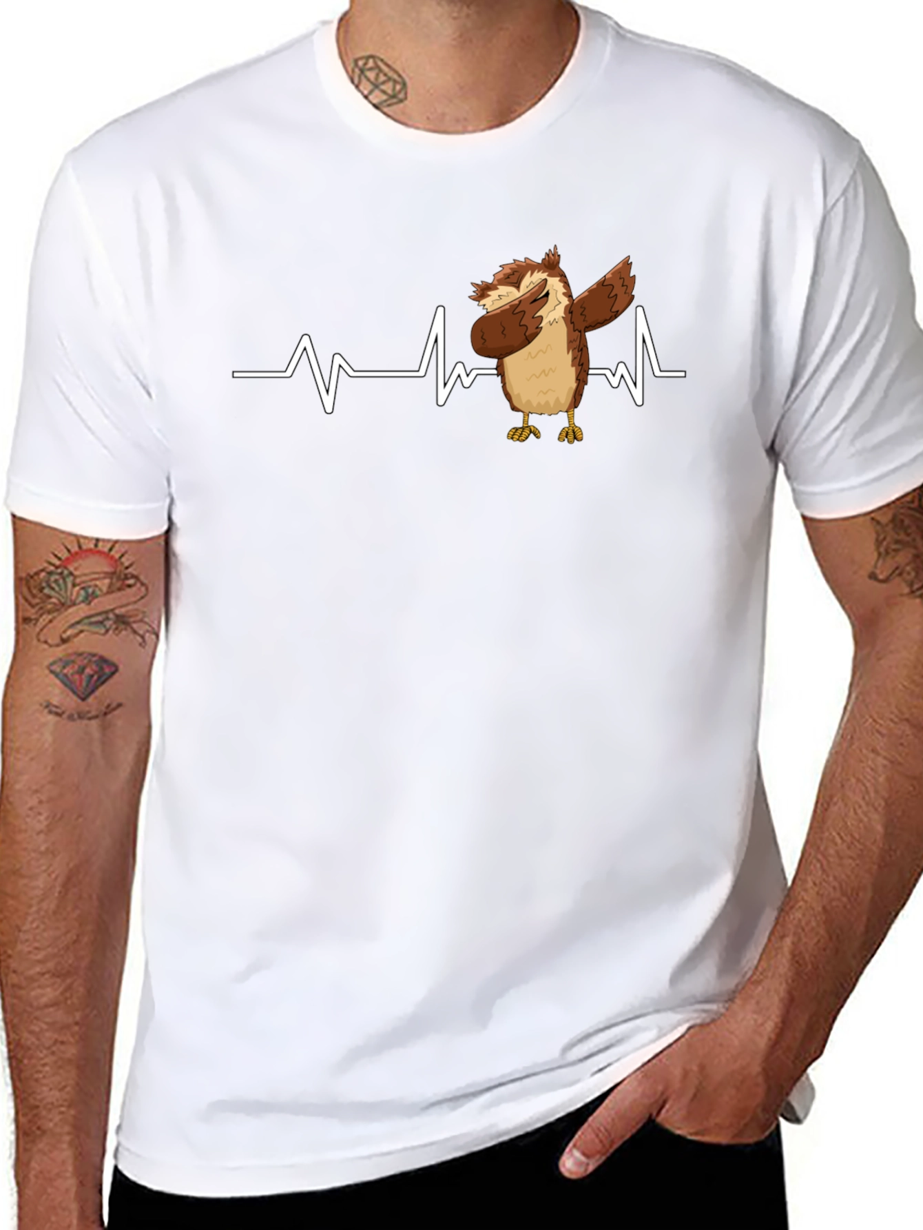Owl Dabbing Heartbeat Black T-Shirt