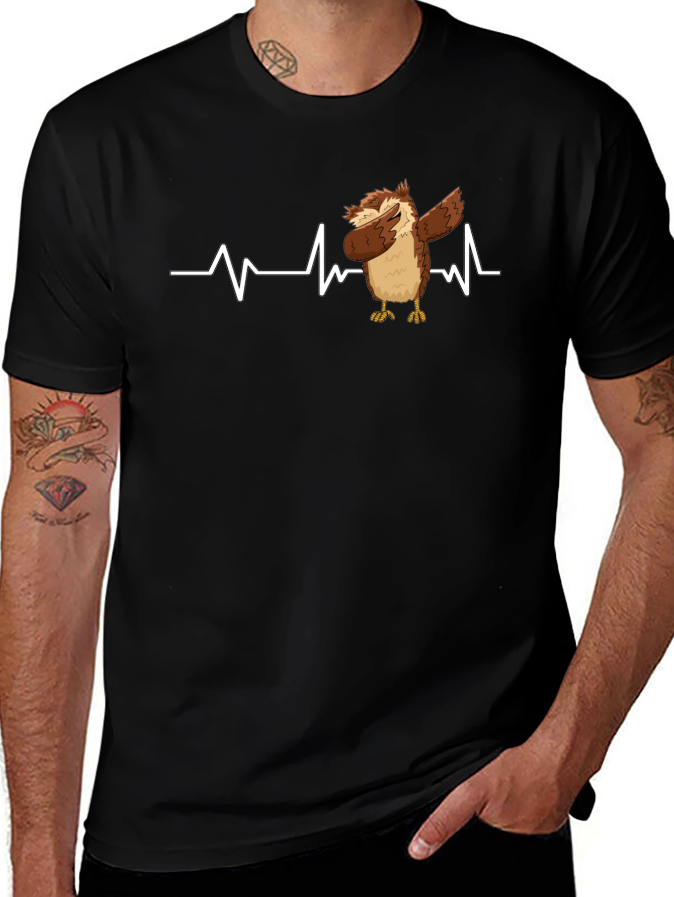 Owl Dabbing Heartbeat Black T-Shirt