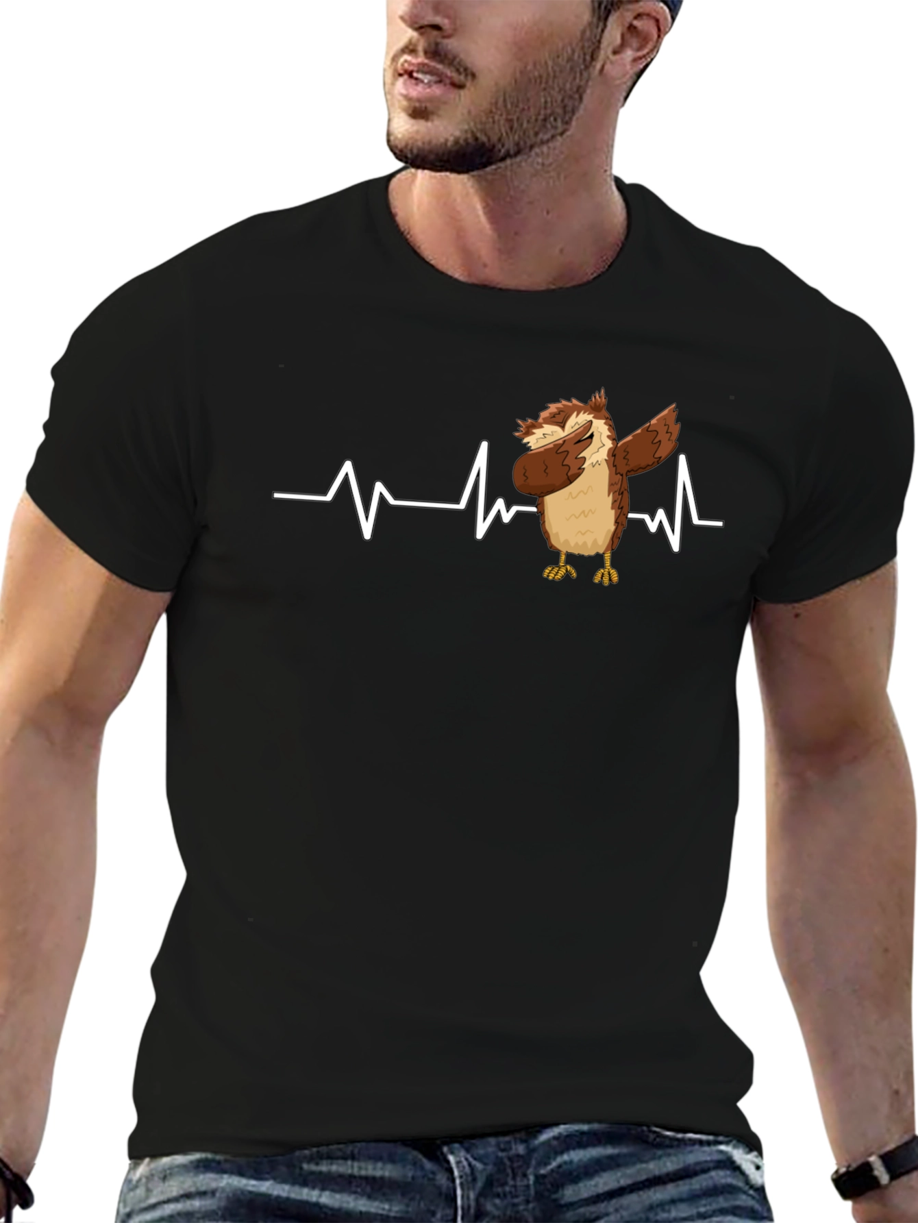 Owl Dabbing Heartbeat Black T-Shirt