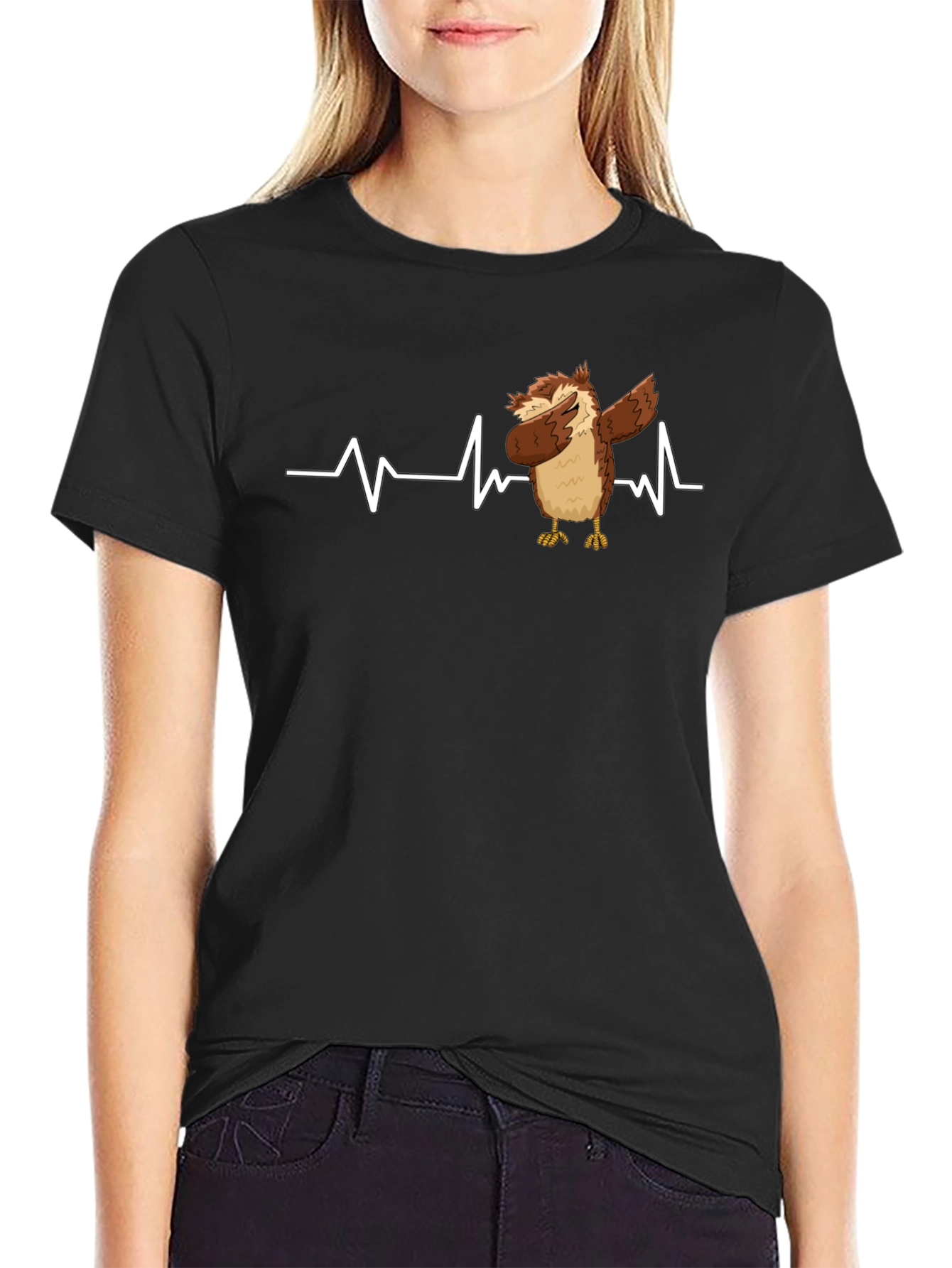 Owl Dabbing Heartbeat Black T-Shirt