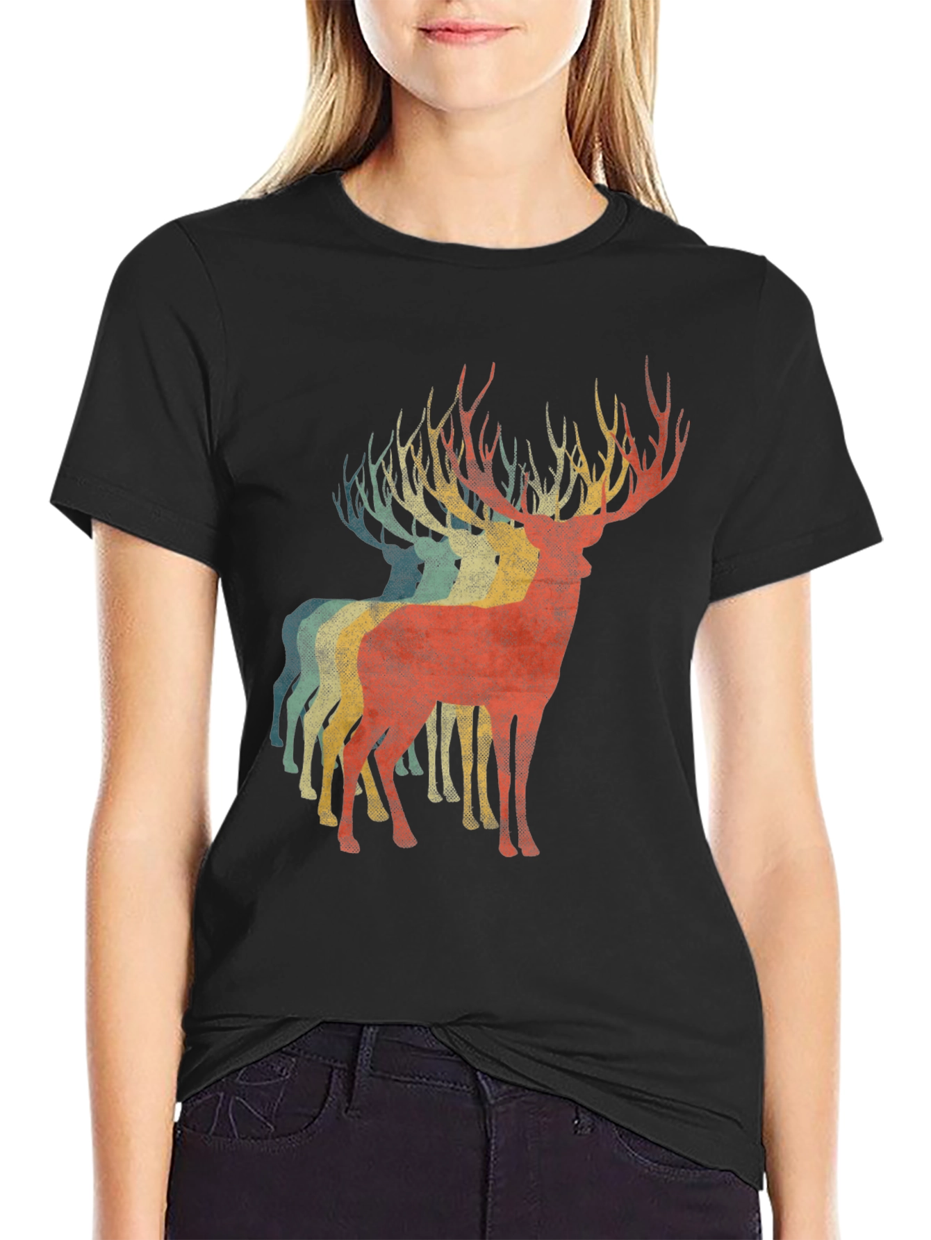 Retro Deer Graphic Tee - Black Casual T-Shirt
