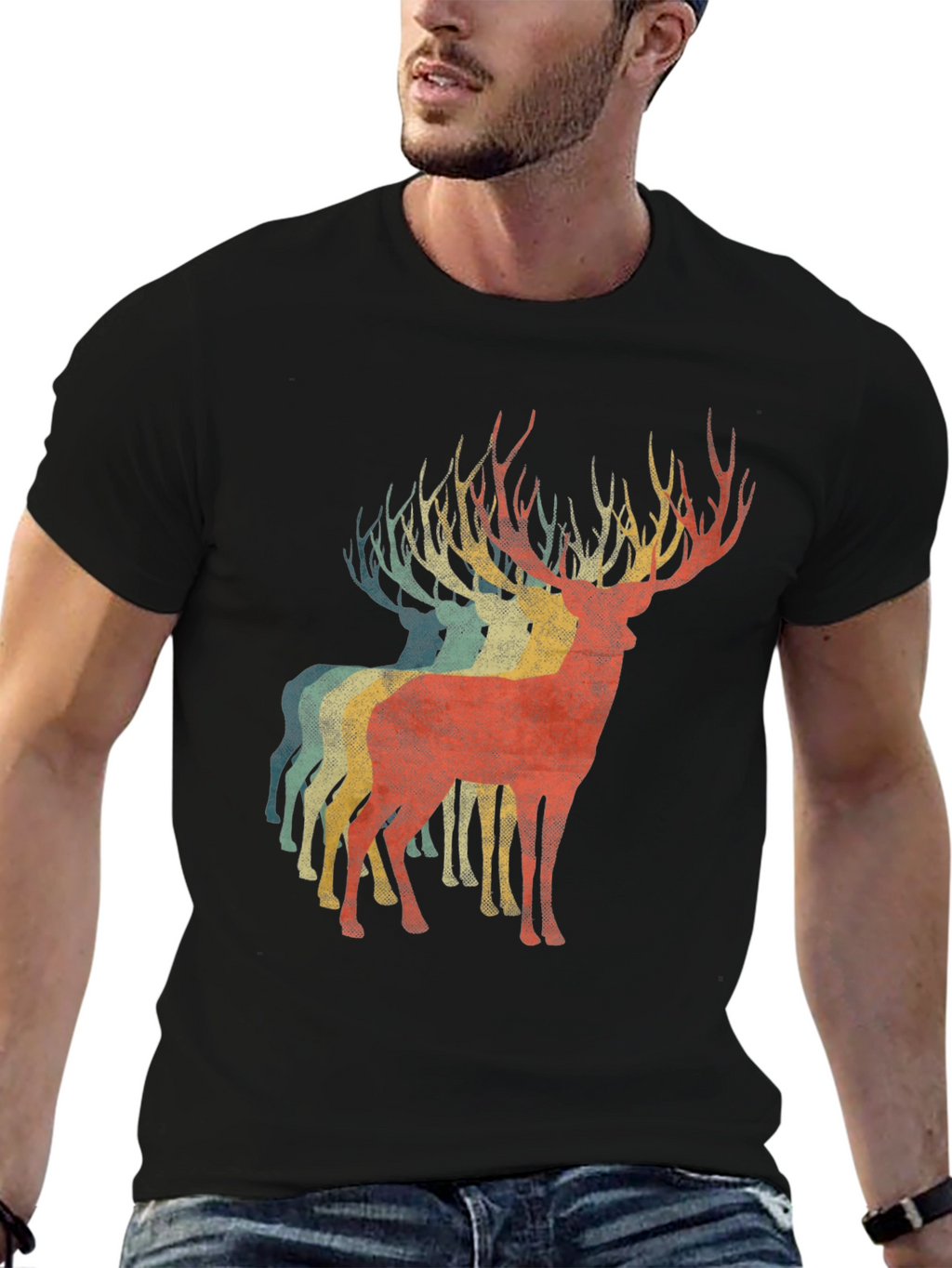 Retro Deer Graphic Tee - Black Casual T-Shirt
