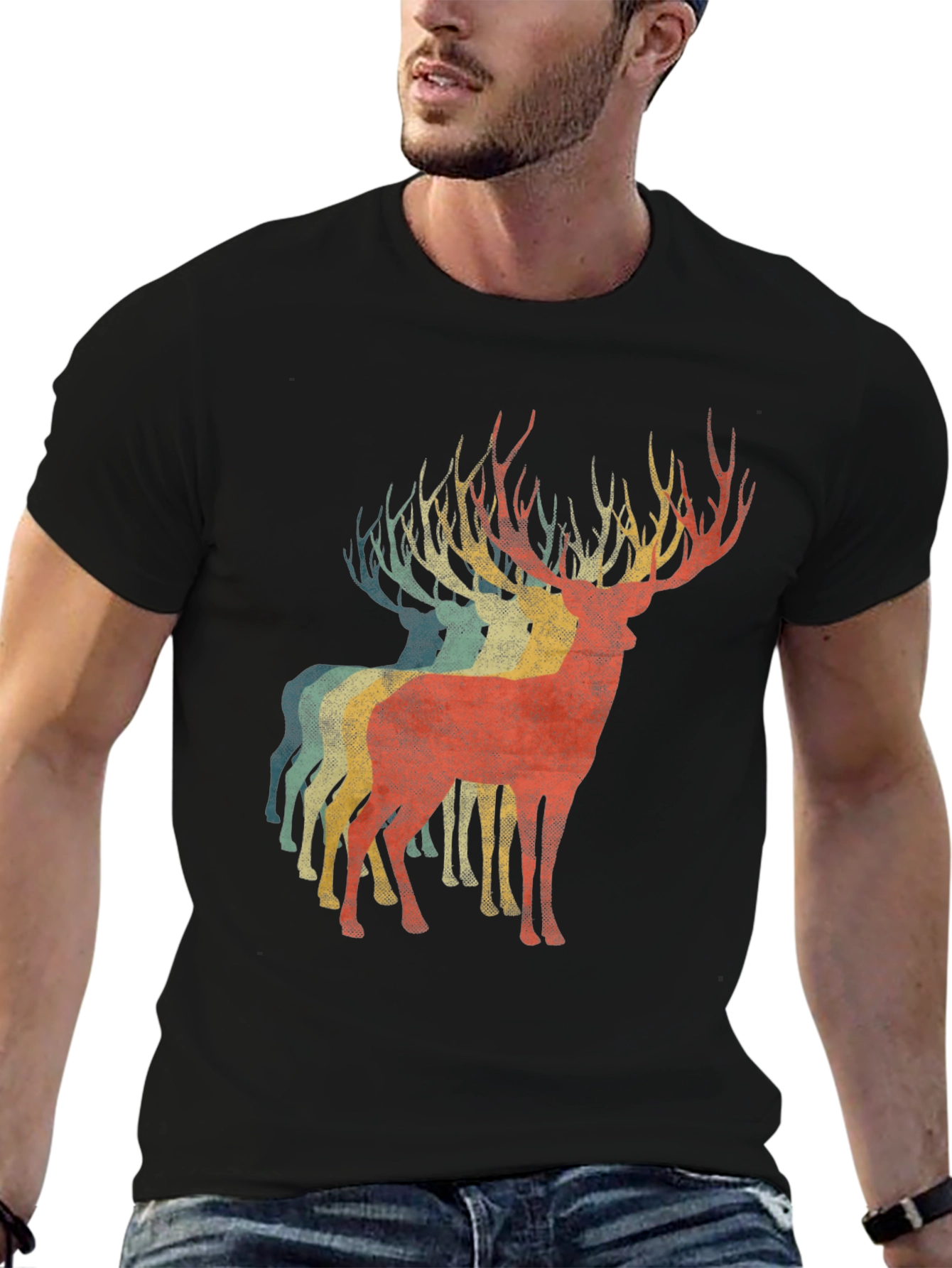 Retro Deer Graphic Tee - Black Casual T-Shirt