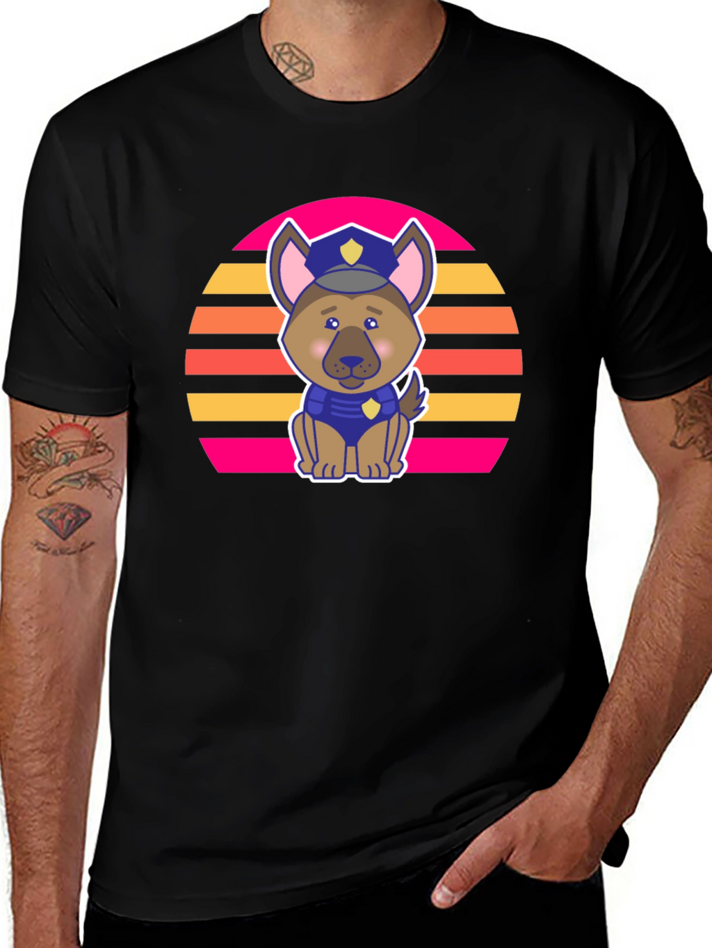 Cute Police Dog Retro Sunset T-Shirt