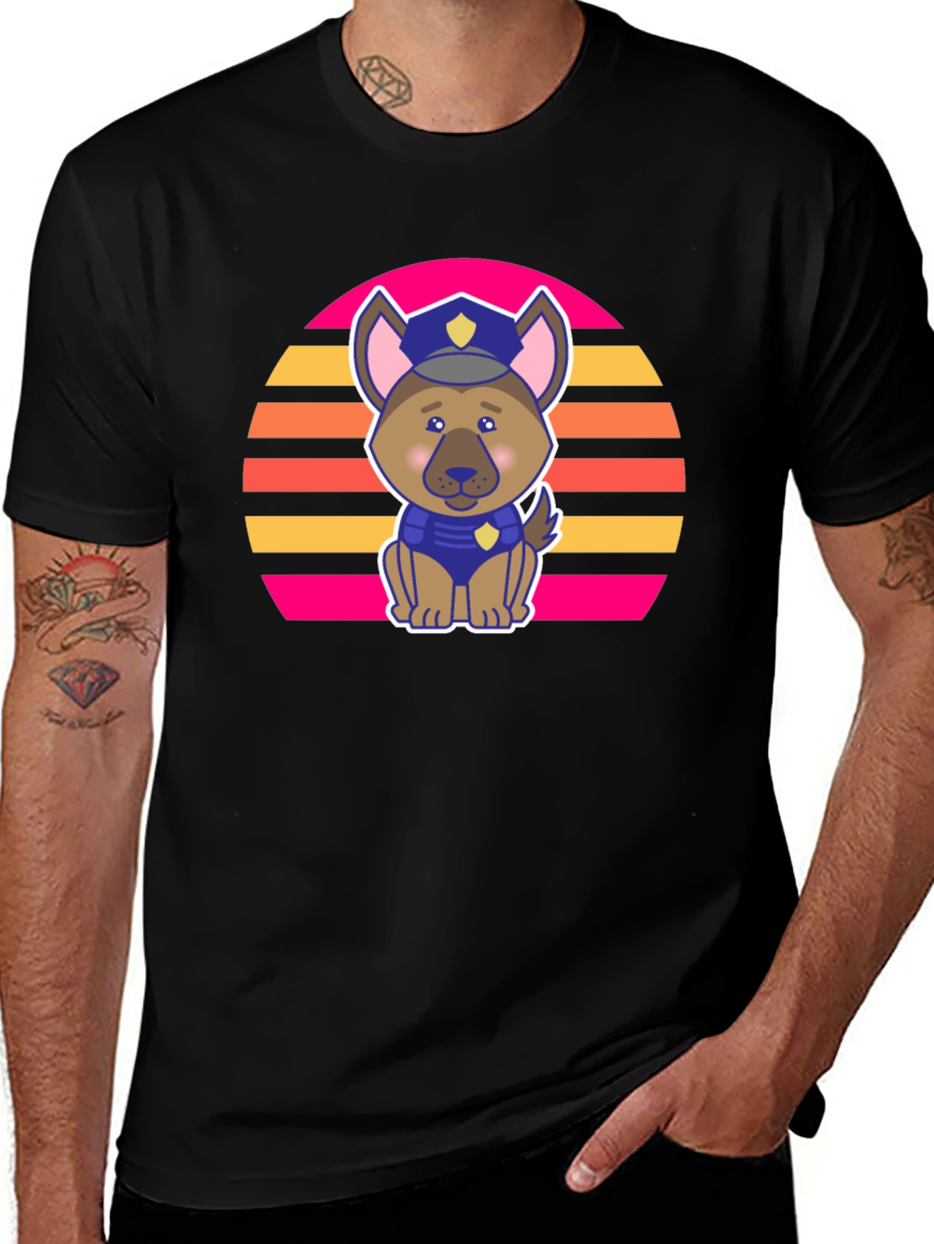 Cute Police Dog Retro Sunset T-Shirt